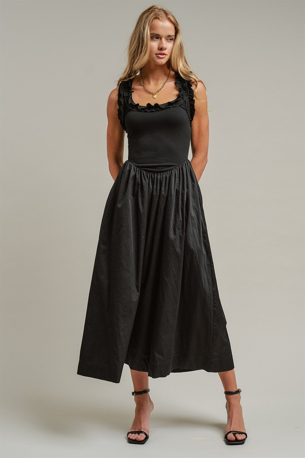 Soft Ruffle Bodice Midi Dress in BLACK - Women's Dresses | Urban Daizy