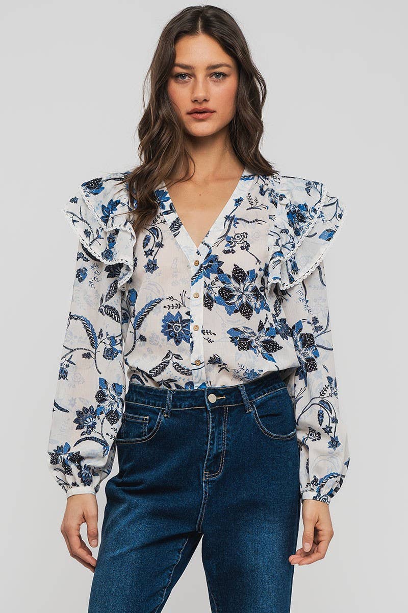 Urban Daizy Ruffled Shoulder V Neck Button Down Blouse White Black Blouse - Women's (UDZ-TP-00746) – alternate view 29