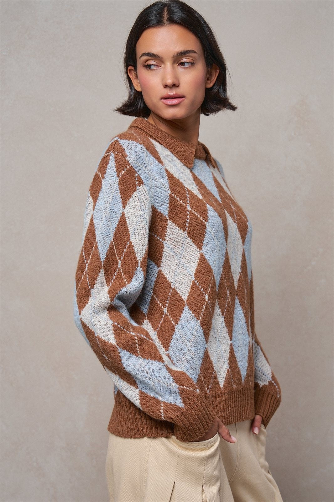 Argyle Polo Collar Sweater in BROWN MULTI - Women's Sweaters | Urban Daizy