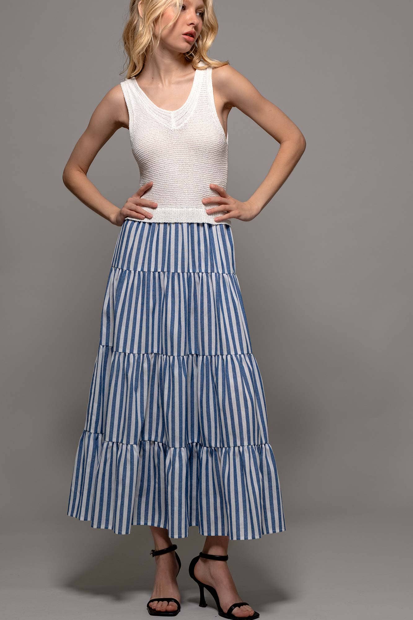 Urban Daizy Ribbed Bodice Striped Tiered Spring Maxi Dress Blue Dress - Women's (UDZ-DR-00178) – alternate view 15