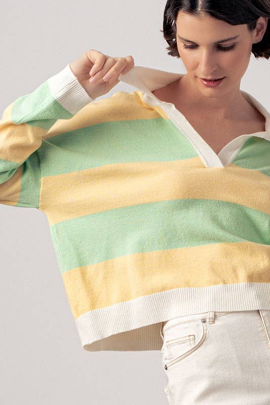 Preppy Striped Contrast Collar Cropped Rugby Long Sleeve Top