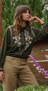 Embroidered Corduroy Western Shirt with Floral Stitch in OLIVE - Women's Shirts & Blouses | Urban Daizy