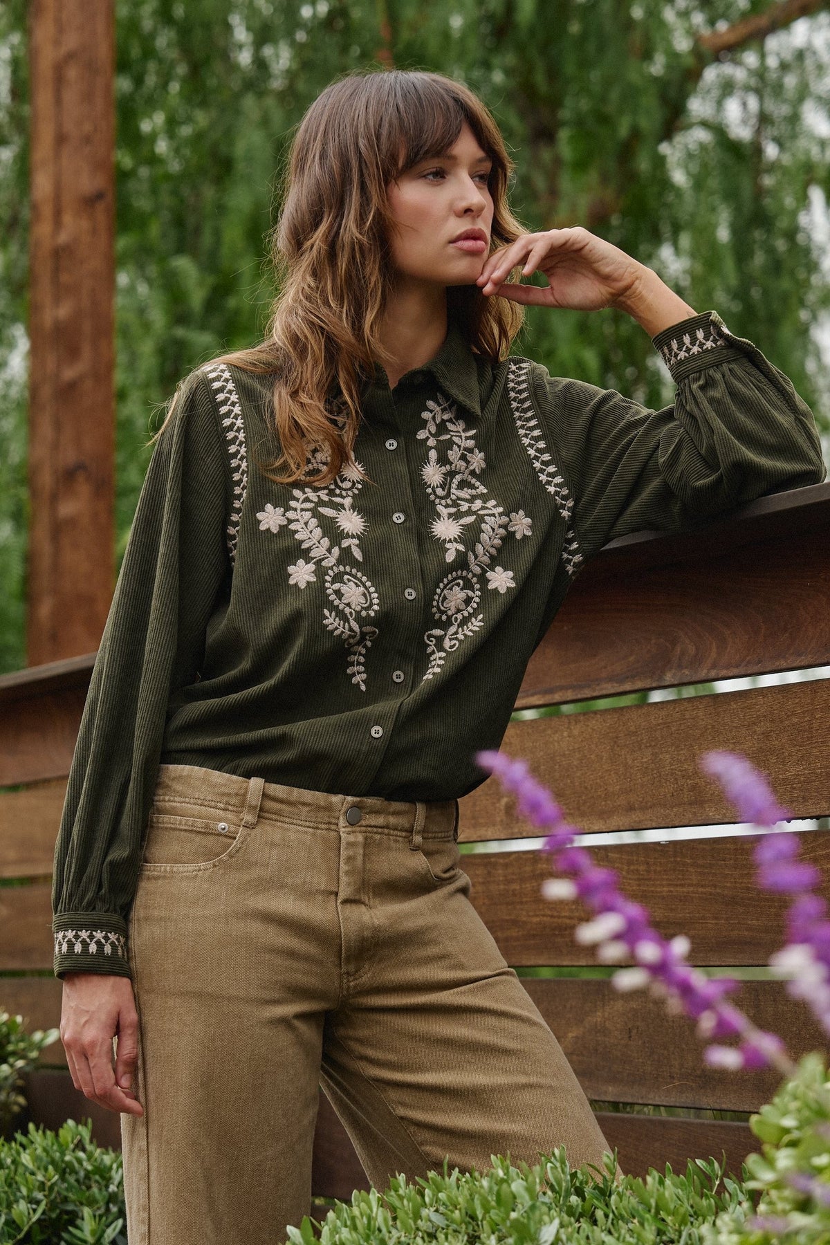 Embroidered Corduroy Western Shirt with Floral Stitch in OLIVE - Women's Shirts & Blouses | Urban Daizy