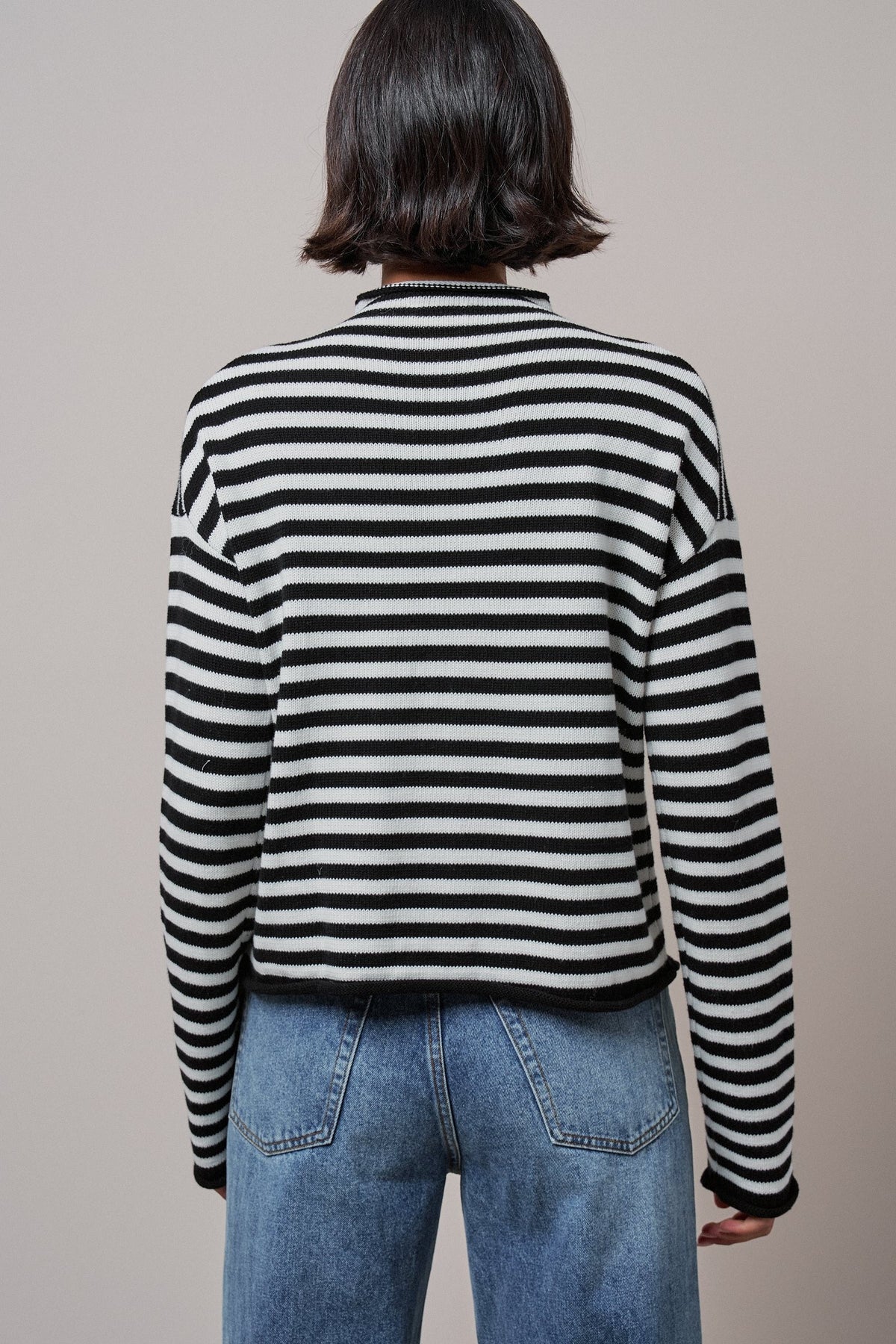 Striped Polo Collar Button Sweater with Rolled Edges in IVORY BLACK - Women's Cardigans & Shrugs | Urban Daizy
