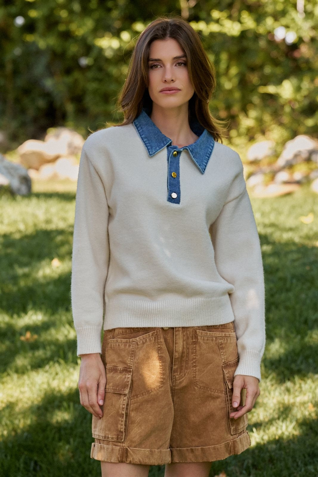 Denim Collar Polo Sweater with Gold Buttons in IVORY - Women's Sweaters | Urban Daizy