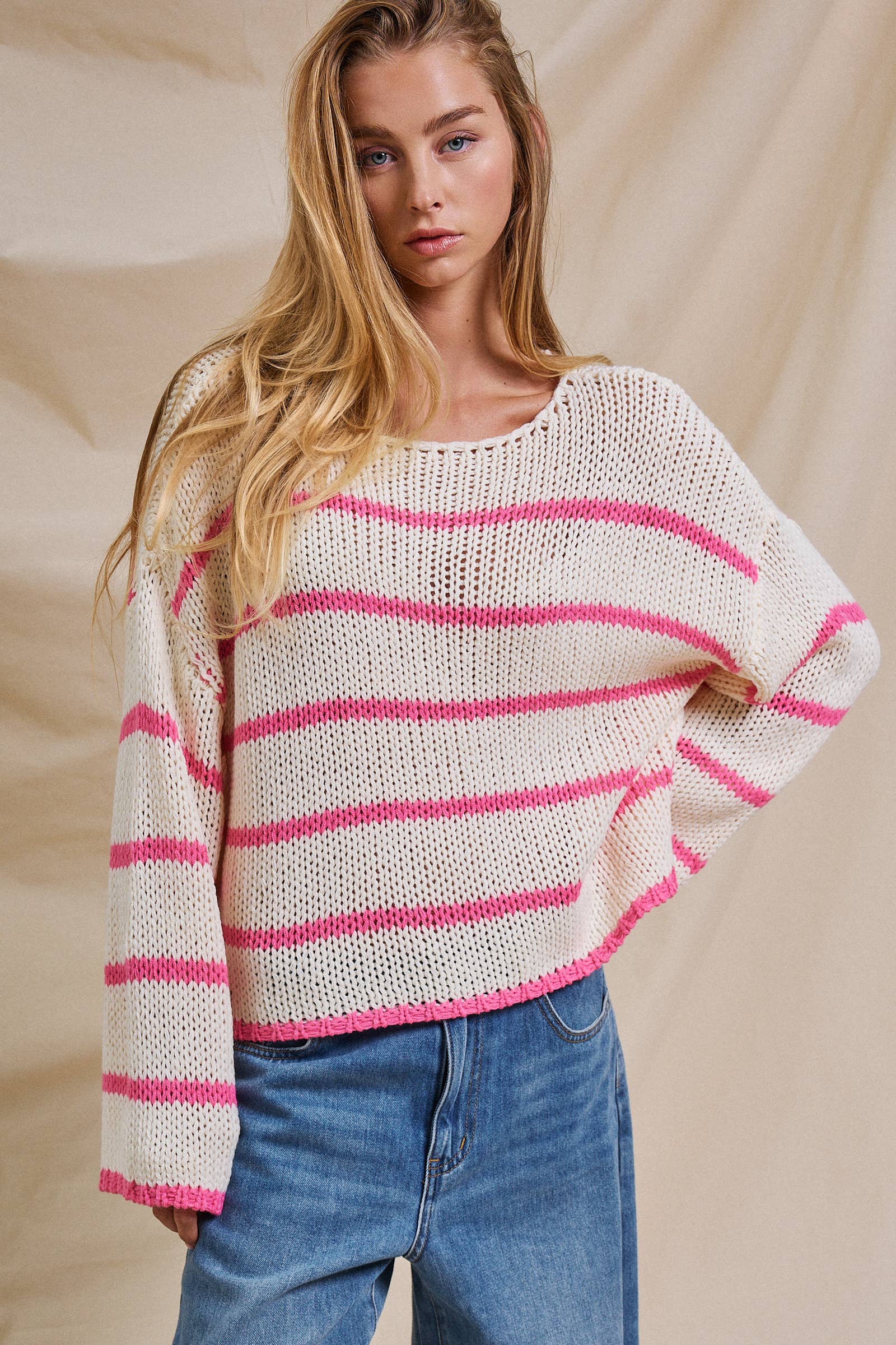 Nautical Striped Open Knit Slouchy Sweater