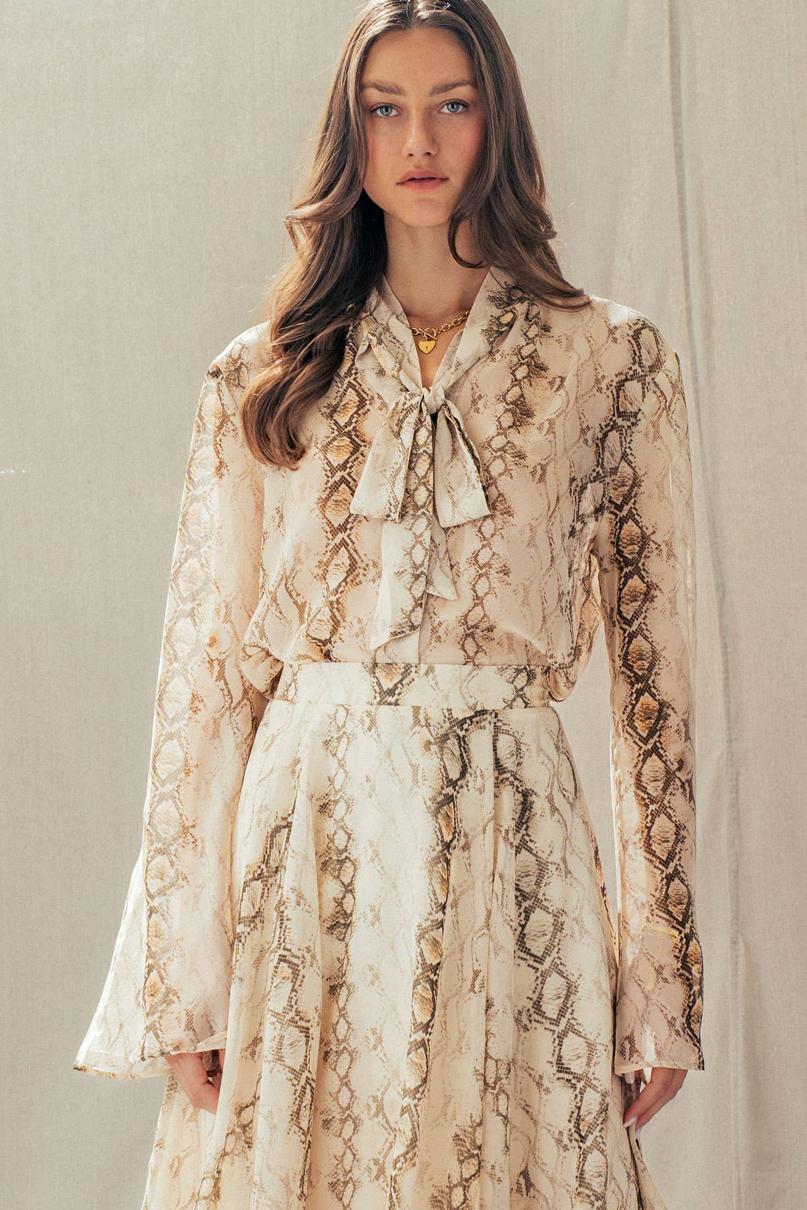 Urban Daizy Snake Print Tie Neck Blouse Long Sleeve Cream-Multi Blouse - Women's (UDZ-TP-01051) – alternate view 2