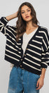 Urban Daizy Striped Cropped V Neck Embellished Button Cardigan Navy Ivory Cardigan - Women's (UDZ-KN-00501) – alternate…