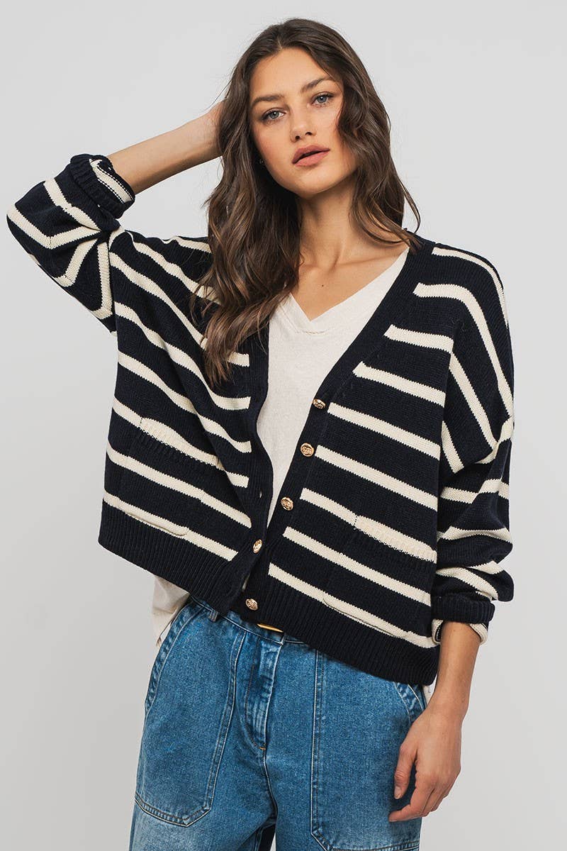 Urban Daizy Striped Cropped V Neck Embellished Button Cardigan Navy Ivory Cardigan - Women's (UDZ-KN-00501) – alternate…
