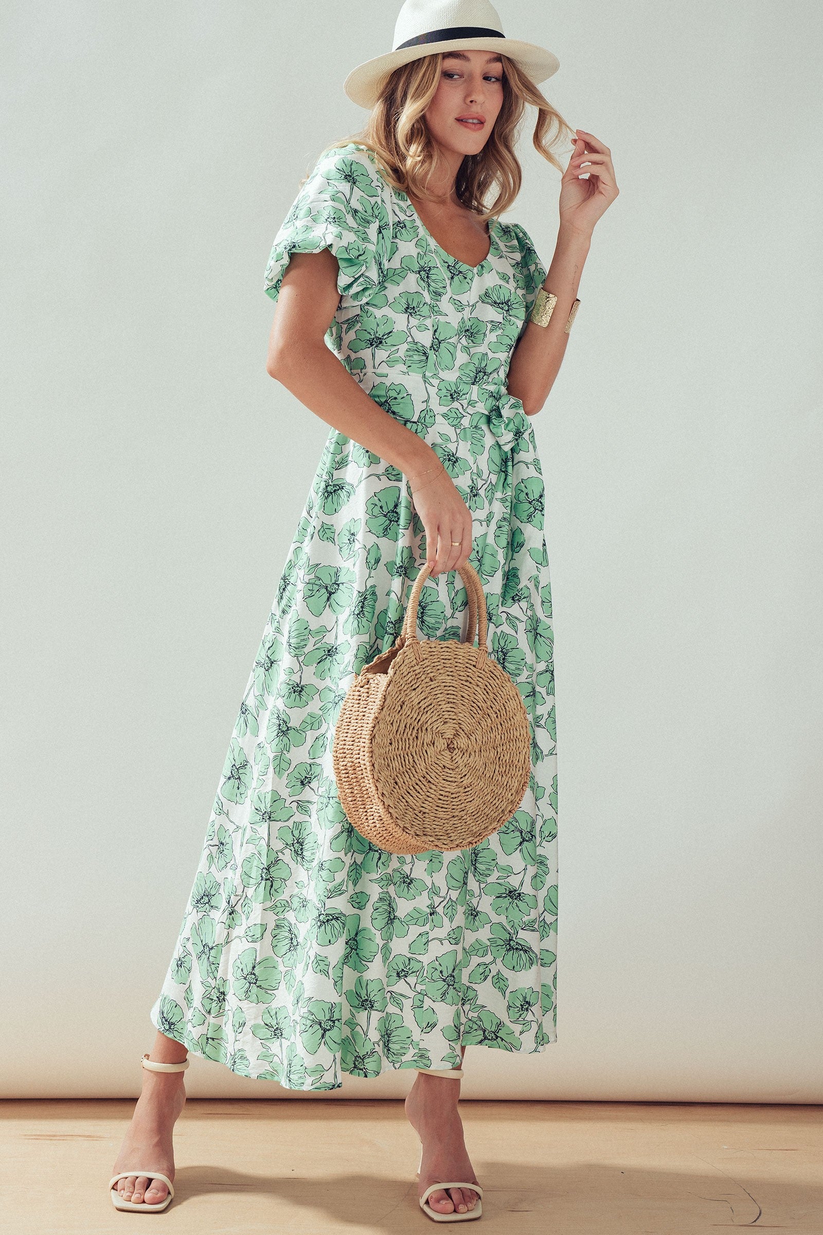 Green Floral Puff Sleeve Midi Dress