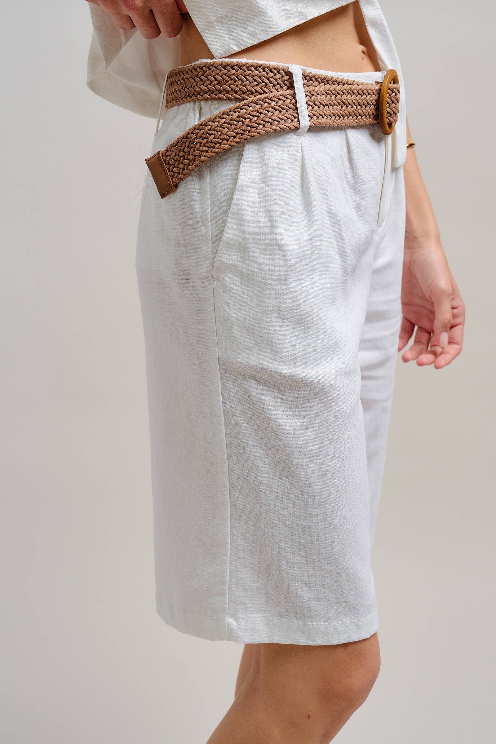 Linen Blend Belted Bermuda Shorts
