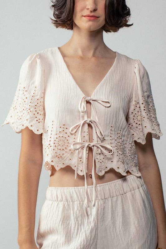 Urban Daizy Embroidered Eyelet Flutter Sleeve Top and Wide Leg Pants Natural Top & Pant Set (NOT Loungewear) - Women's (UDZ-PT-00354) – alternate view 4