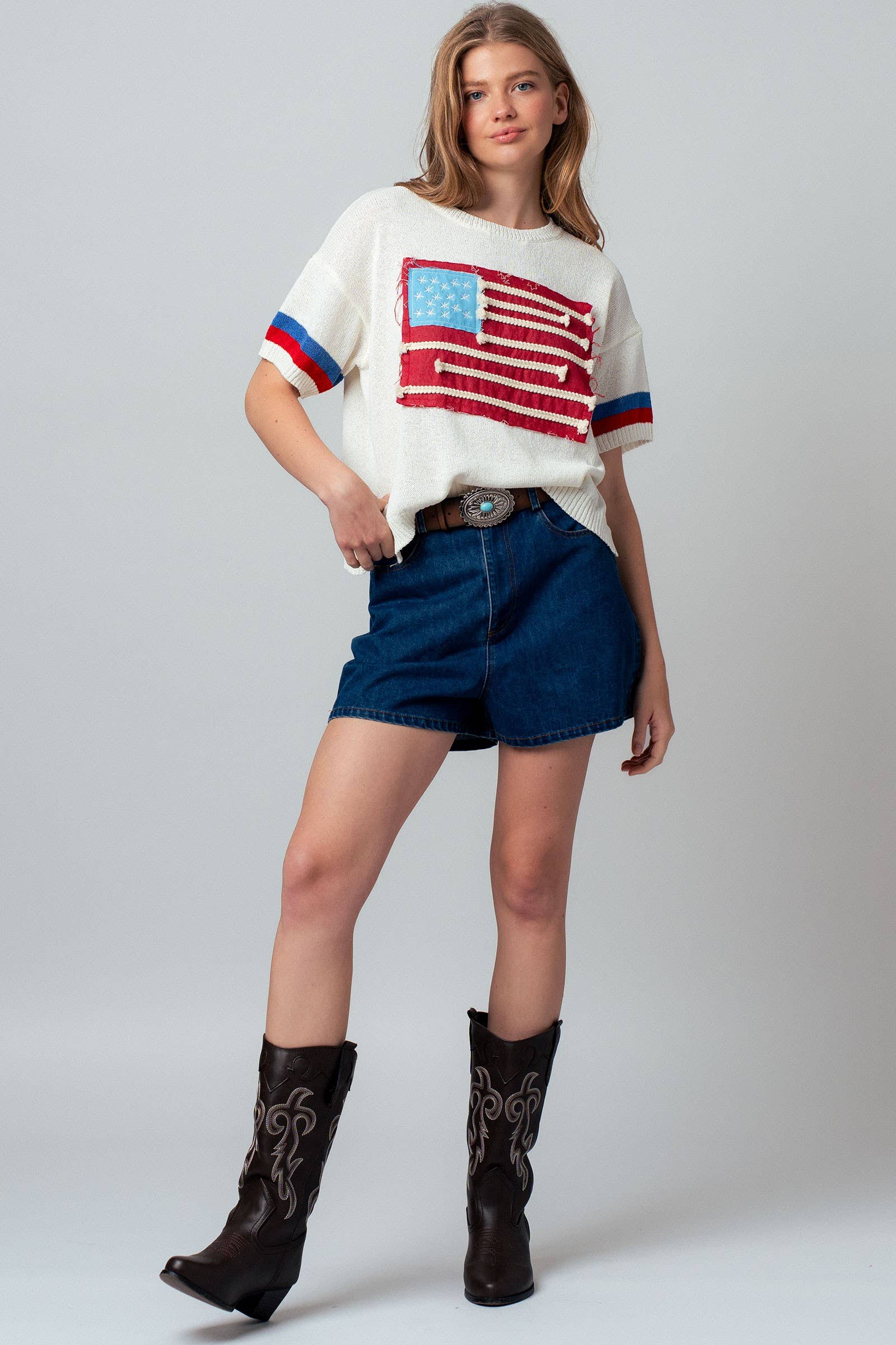 Flag Applique Knit Sweater with Stripe Cuffs