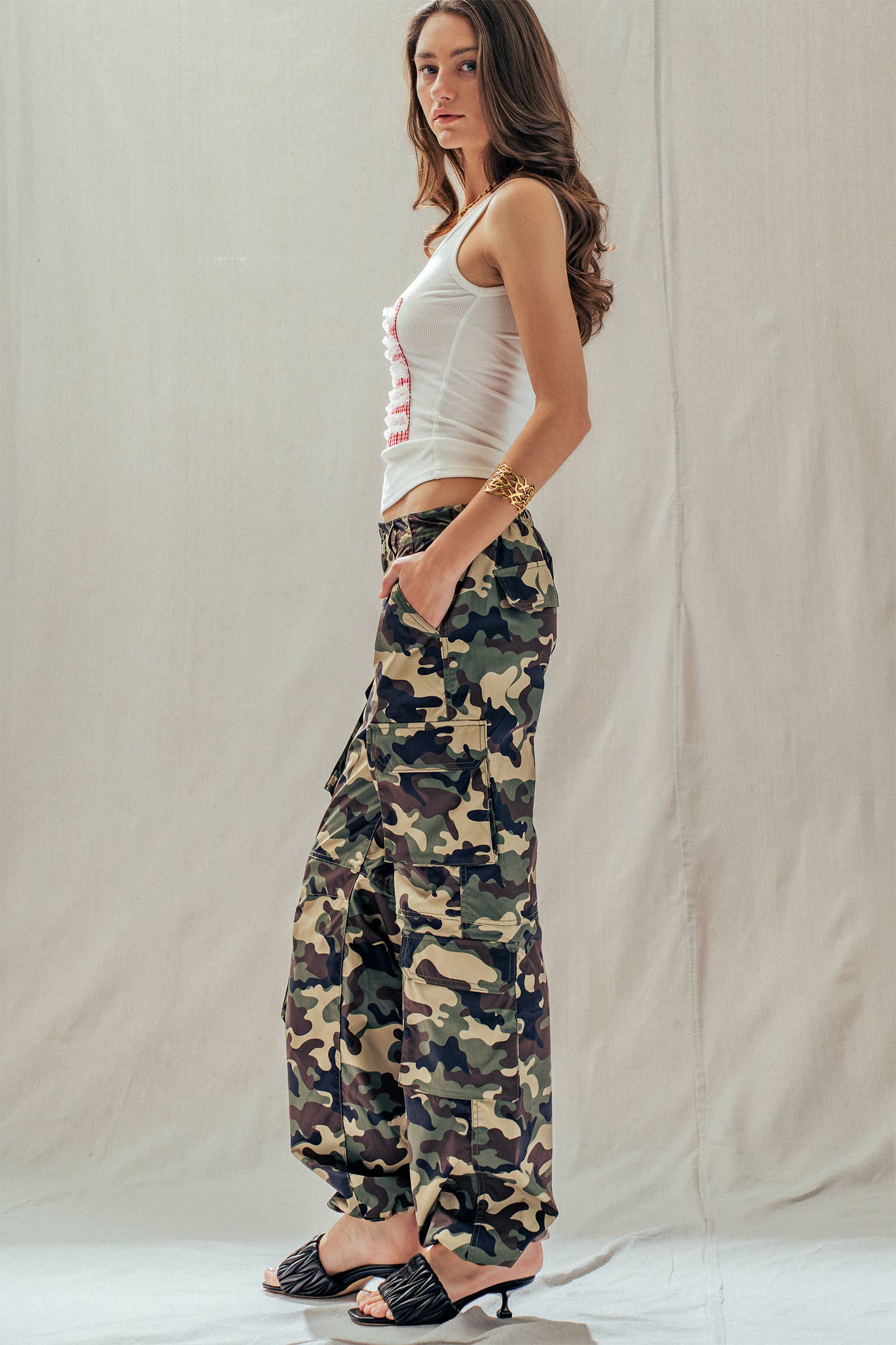 Camo Print Utility Cargo Pants with Drawstring Hem
