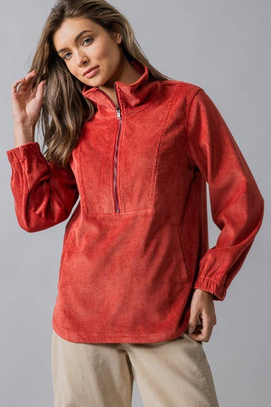Urban Daizy Corduroy Funnel Neck Half Zip Pullover Top Black Tunic - Women's (UDZ-OT-00138) – alternate view 2