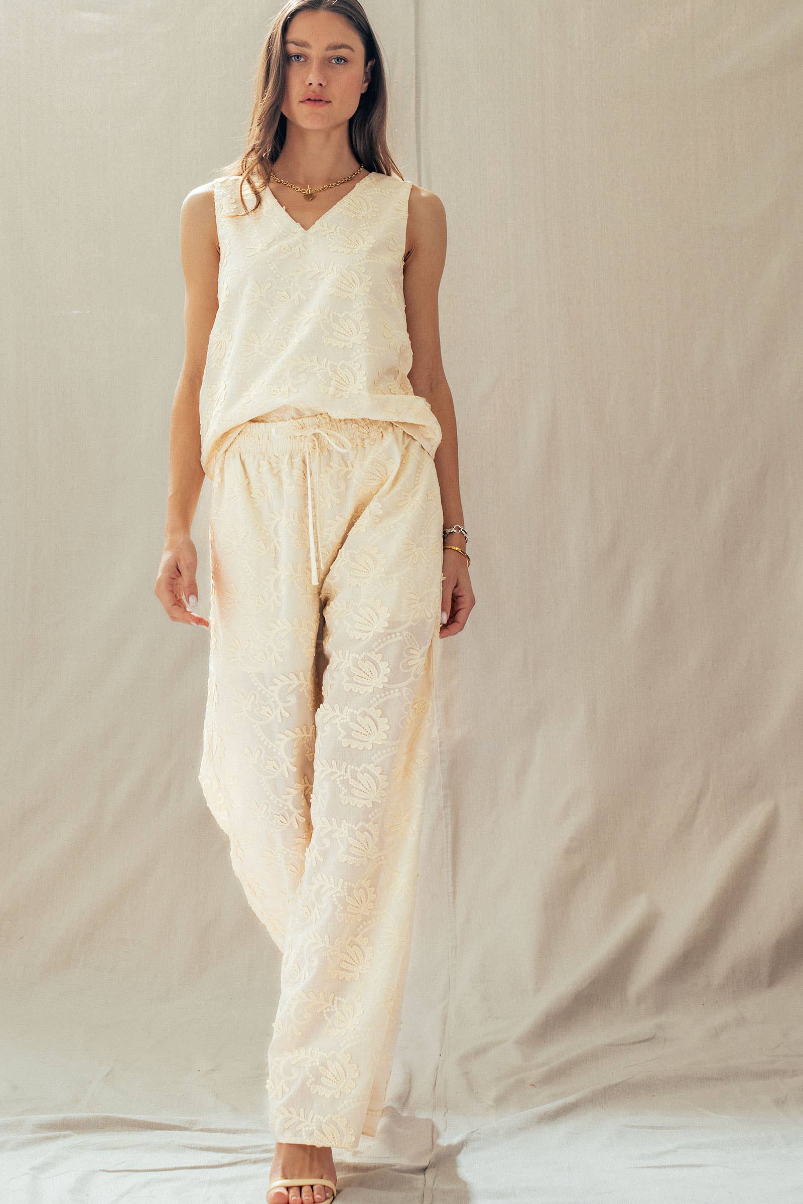 Floral Embroidered Cotton Top And Pant Set