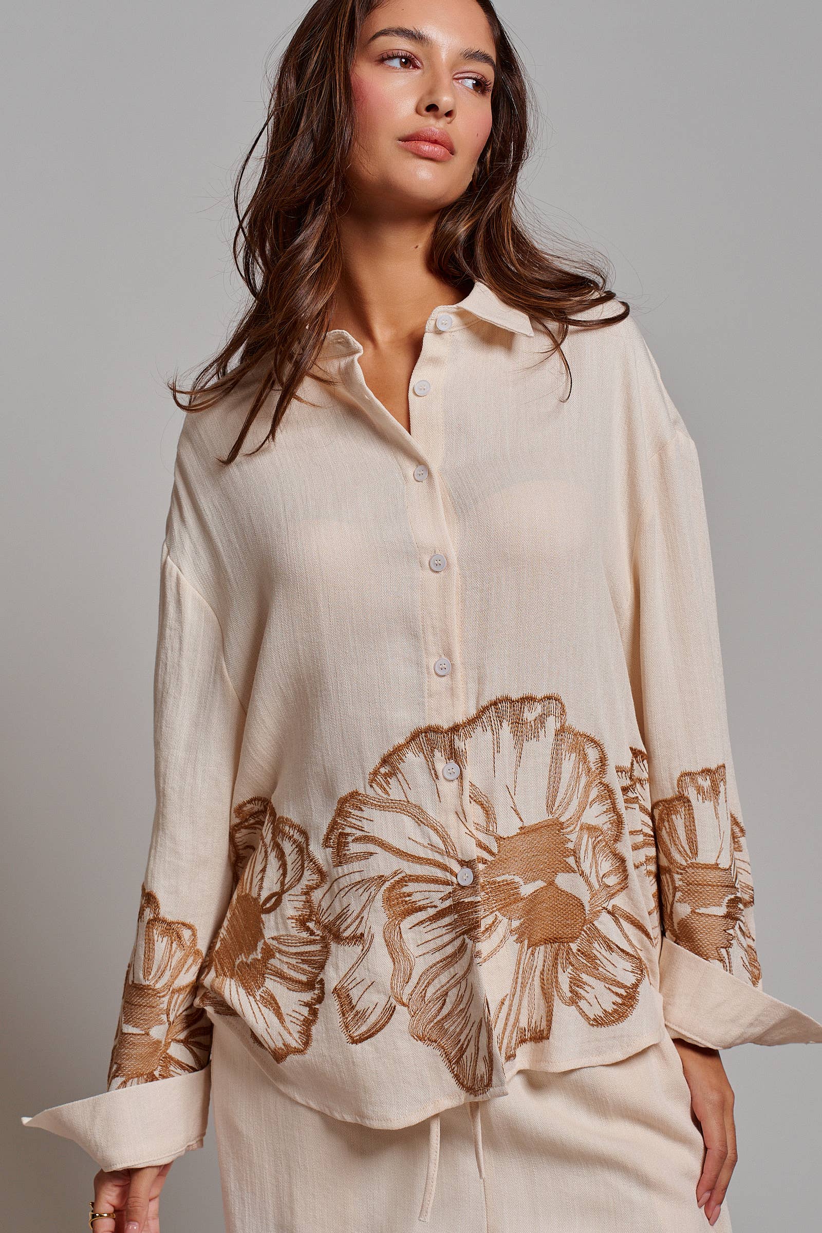 Floral Embroidered Oversized Button Down Shirt