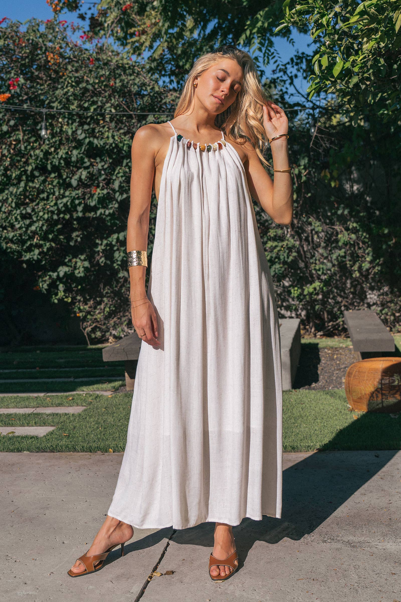 Beaded Halter Neck Linen Blend Maxi Dress