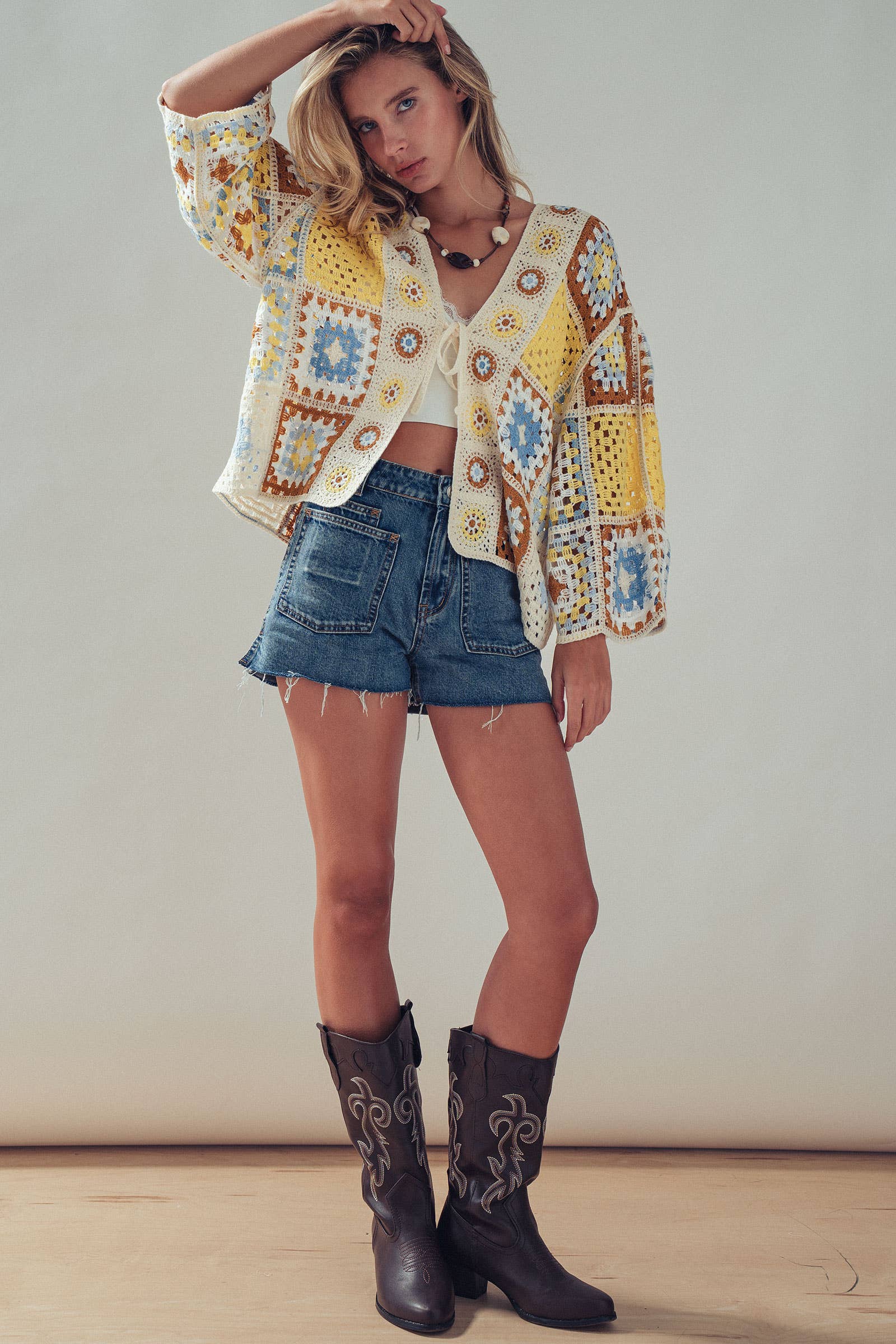 Granny Square Crochet Tie-Front Cardigan