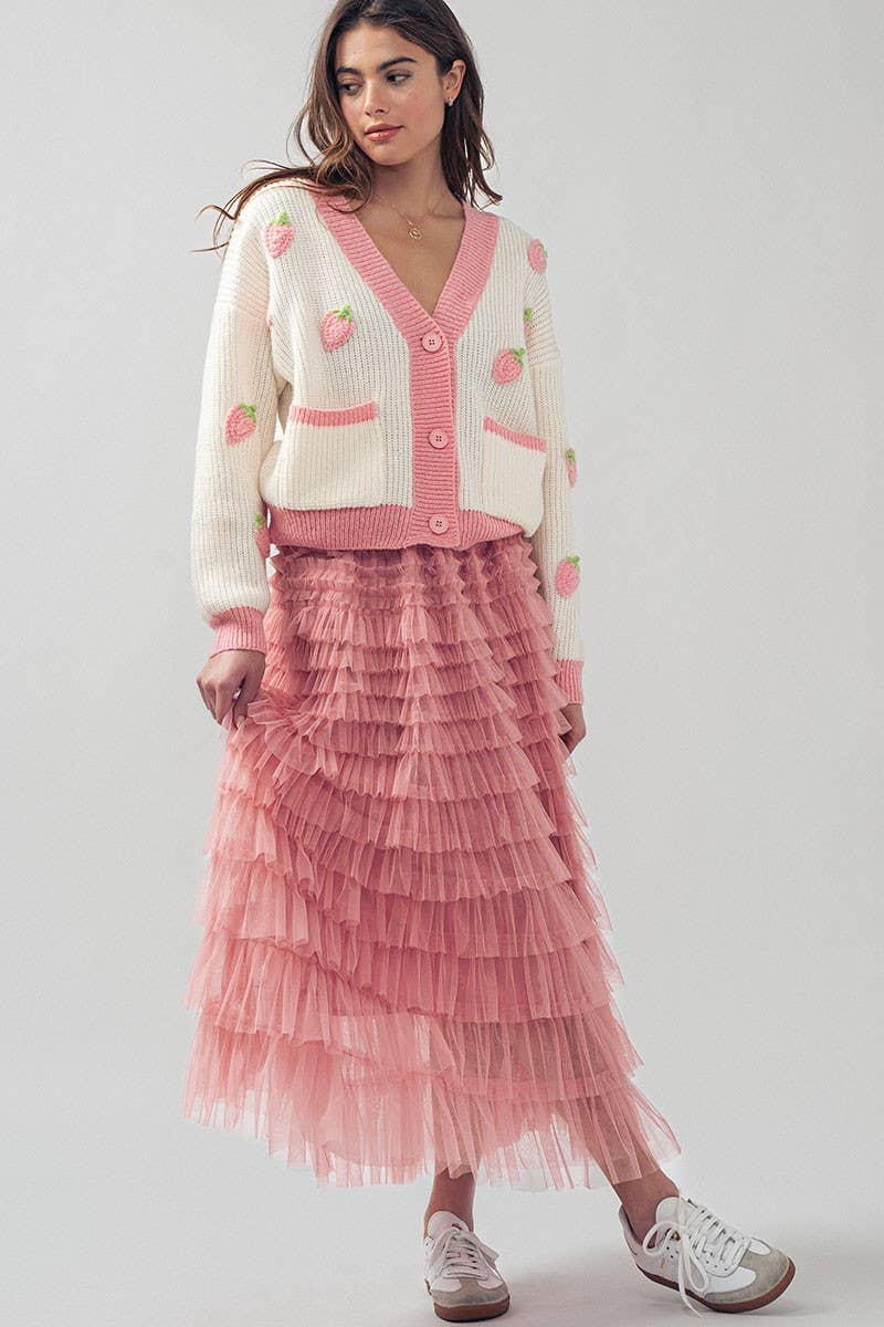 Urban Daizy Romantic Strawberry Embroidered V Neck Chunky Sweater Pink Cardigan - Women's (UDZ-KN-00160) – alternate view 7