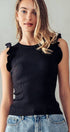 Urban Daizy Flutter Sleeve Ribbed Crew Neck Ruffle Tank Top Black Tank Top - Women's (UDZ-TP-00586)