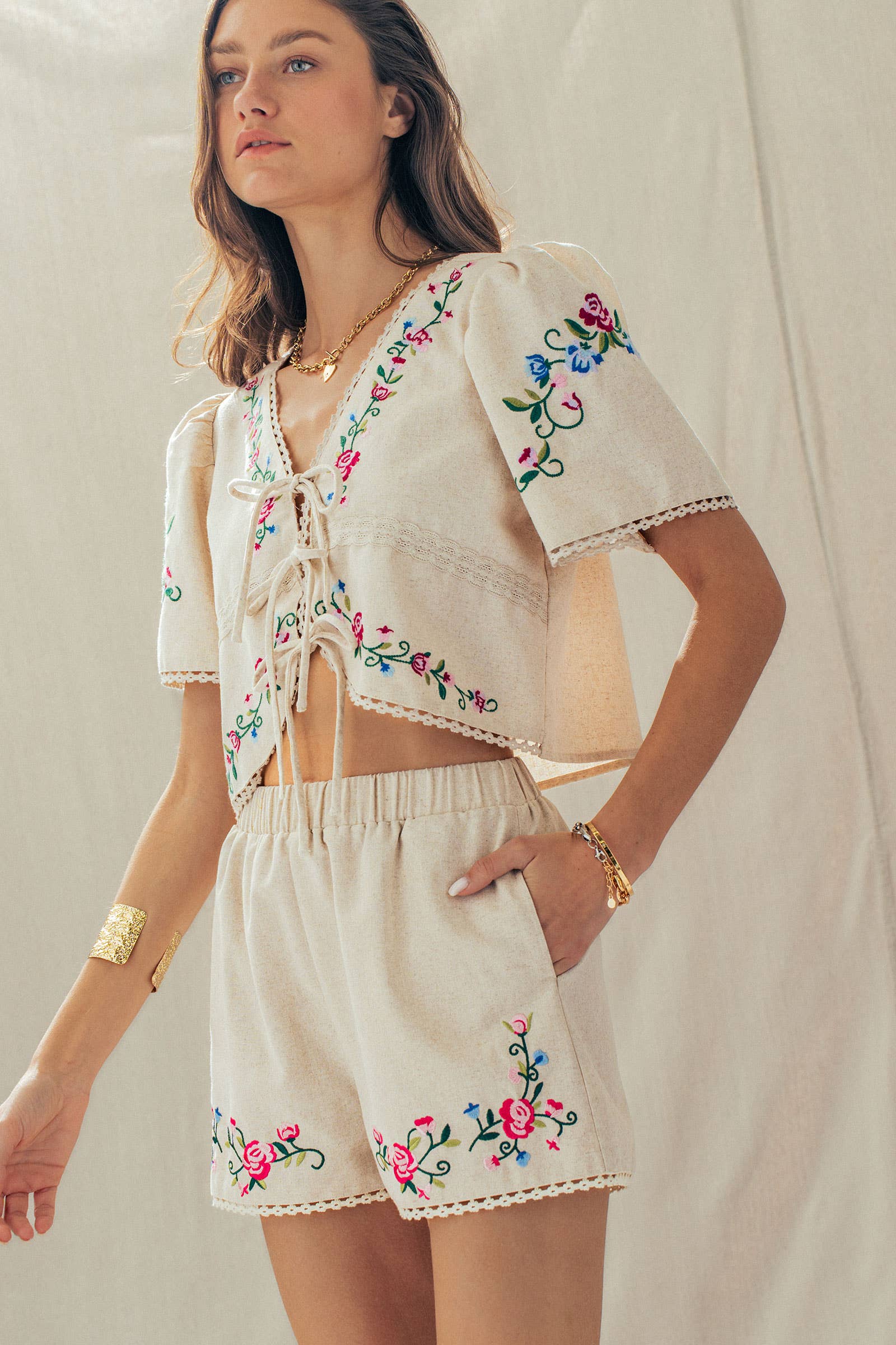 Boho Embroidered Lace Trim High-Rise Summer Shorts