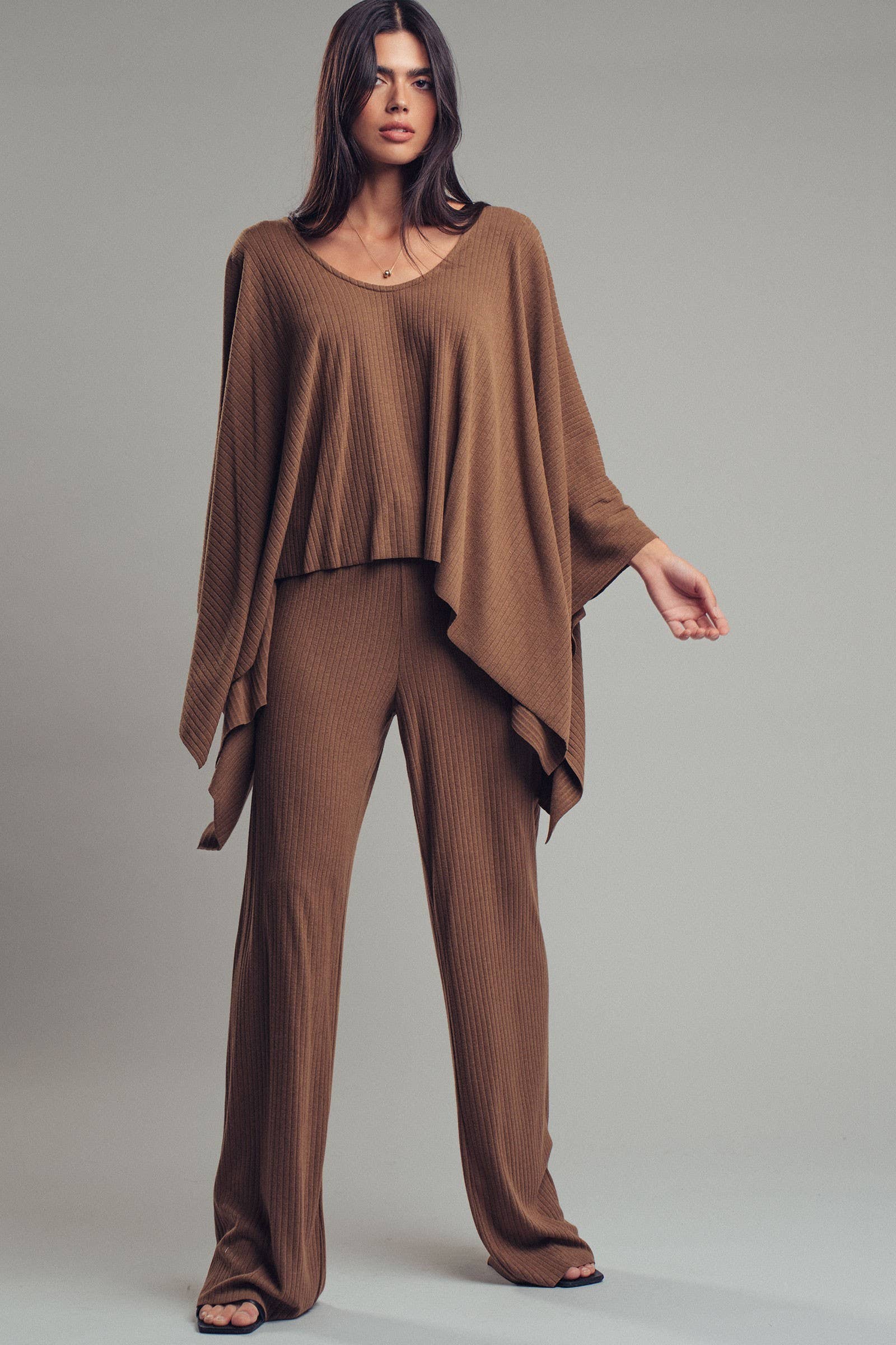 Ribbed Knit Poncho and Pants Set