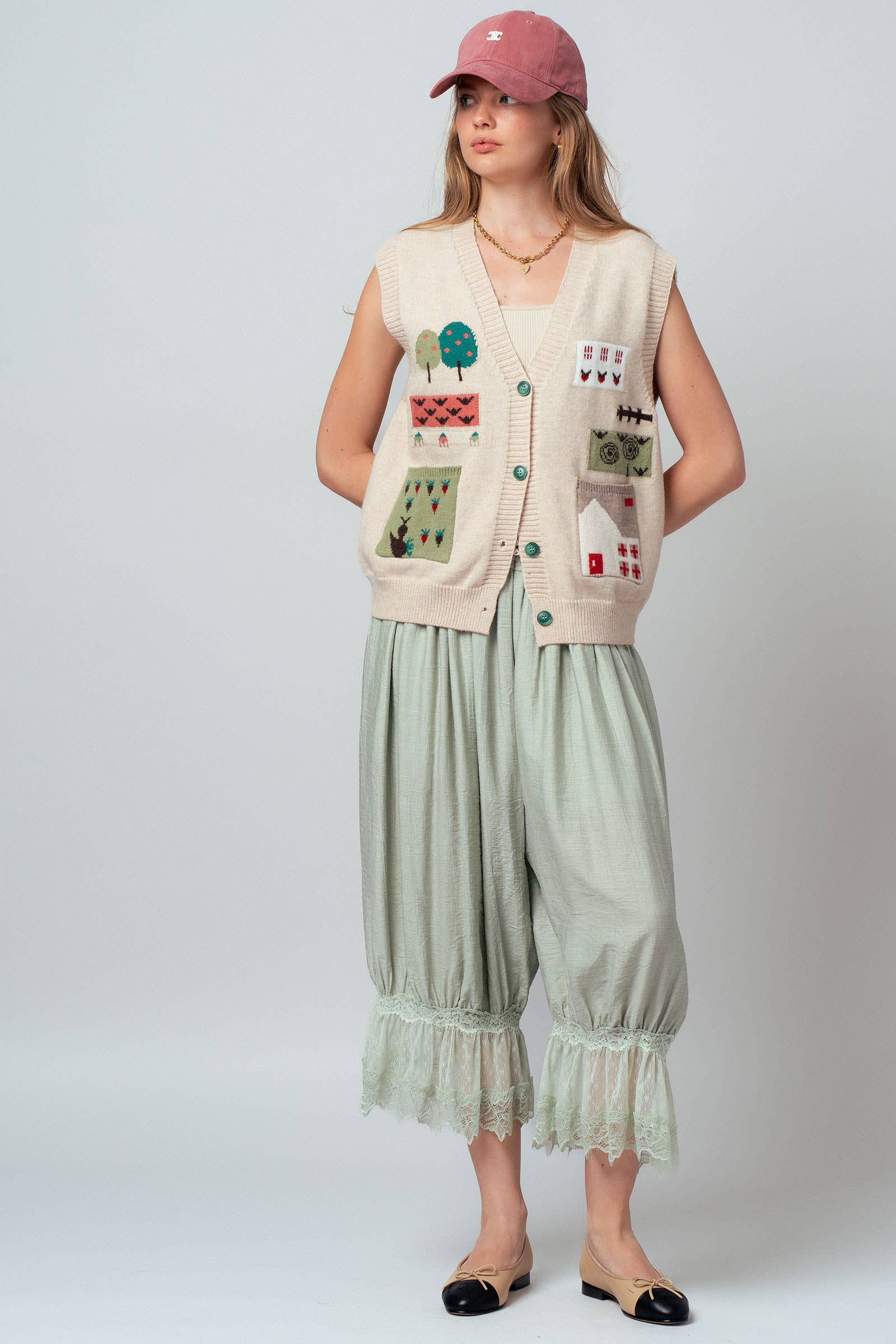 Urban Daizy Boho Graphic Knit Vest with Patch Pockets Oatmeal Sweater Vest - Women's (UDZ-KN-01039) – alternate view 14