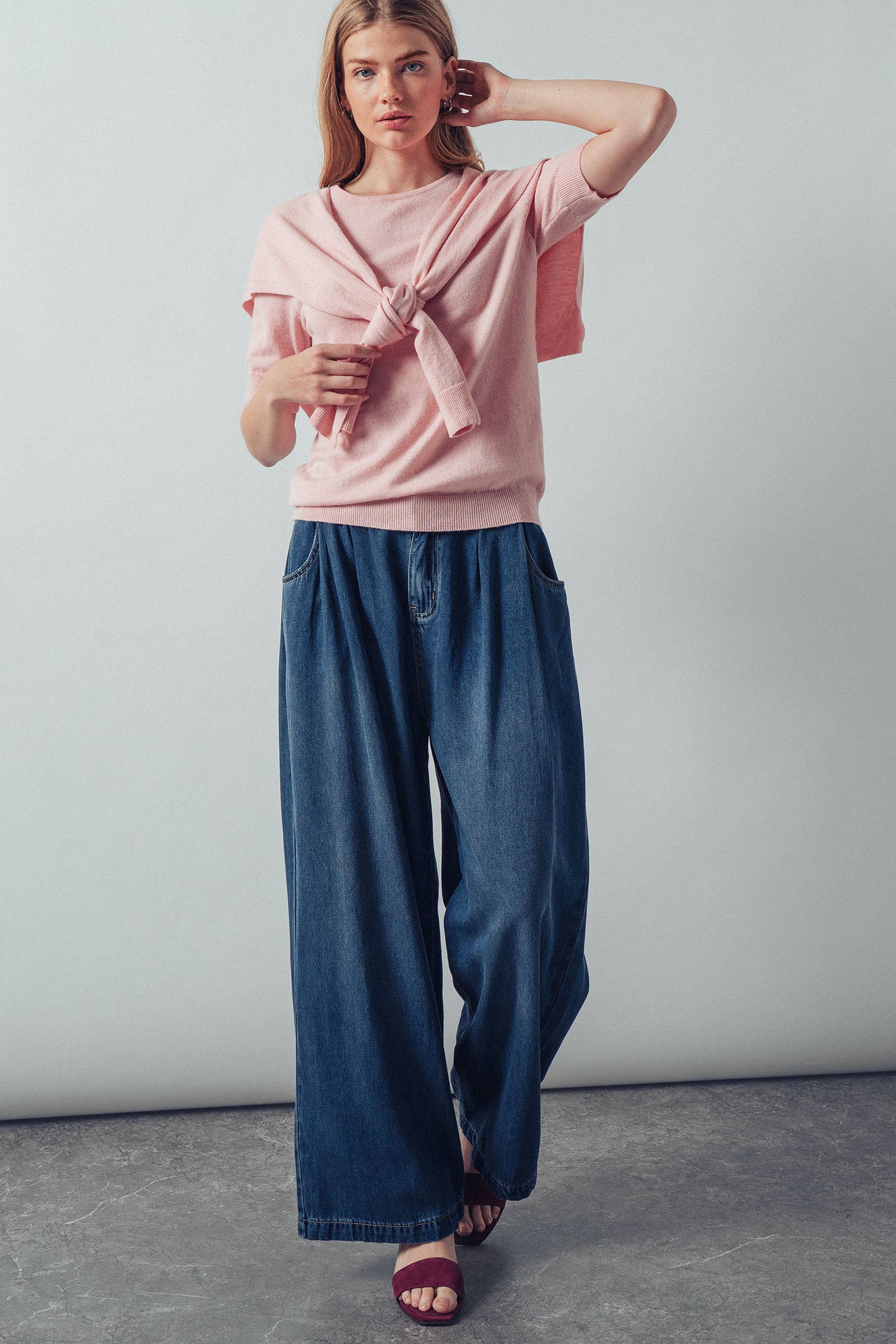 Pleated Wide-Leg Denim Pants