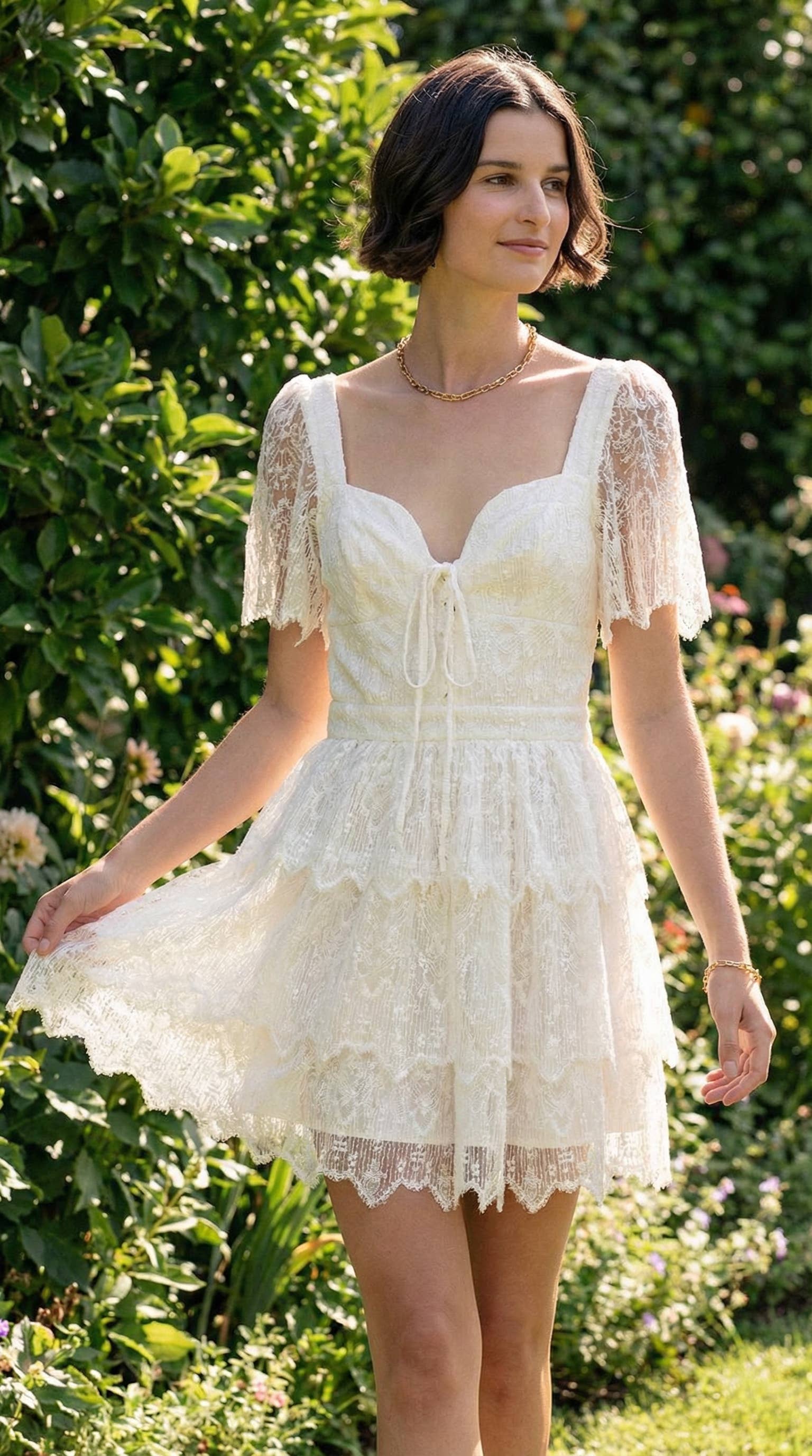 Tiered Lace Mini Dress with Corset Bodice and Puff Sleeves
