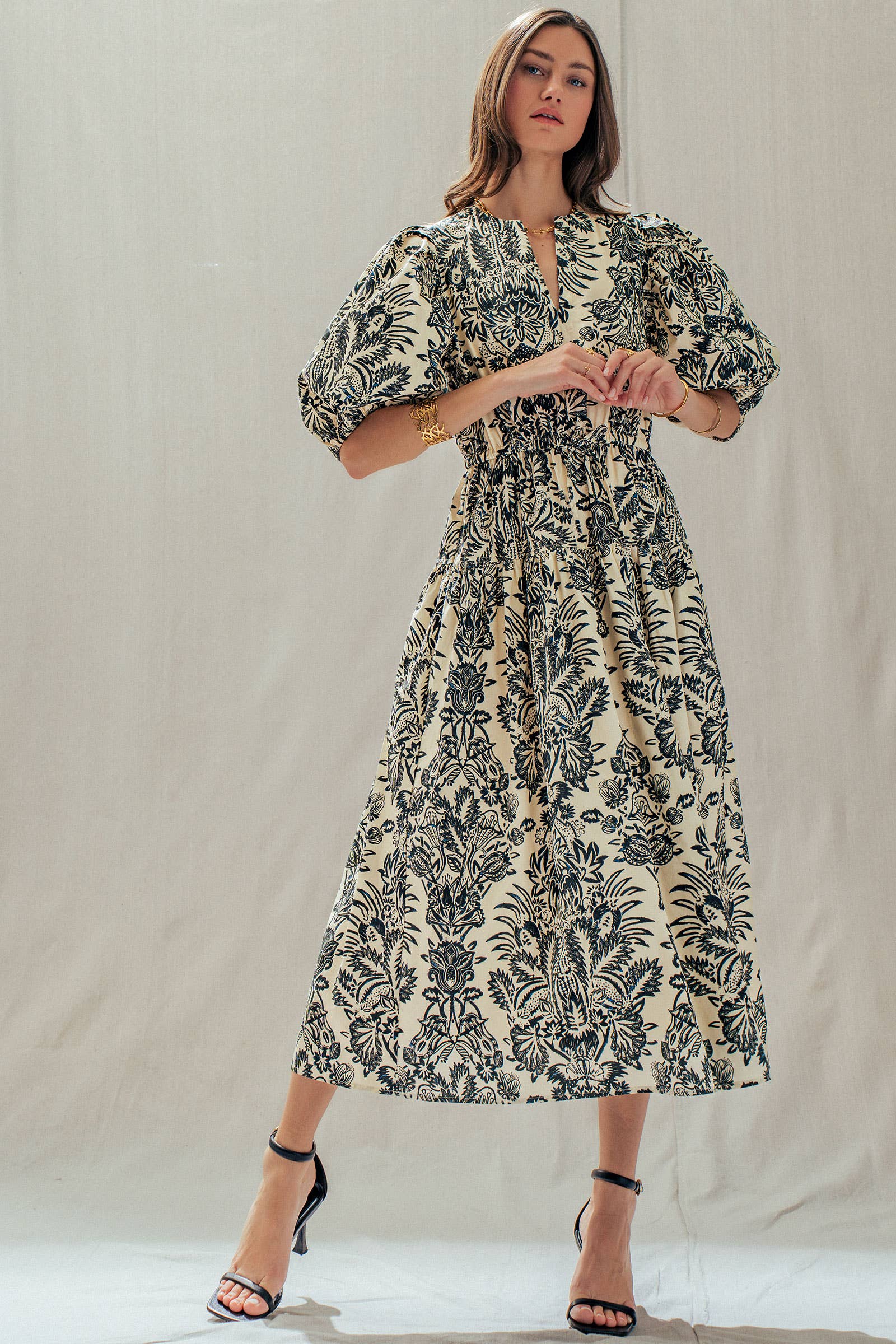 Urban Daizy Botanical Puff Sleeve Cotton Midi Dress Ivory-Black Dress - Women's (UDDR0335-Ivory-Black) – alternate view 6