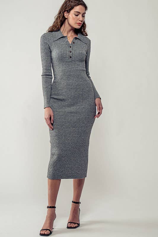 Urban Daizy Ribbed Collared Button Front Midi Sweater Dress H-Grey Dress - Women's (UDZ-DR-00328) – alternate view 5