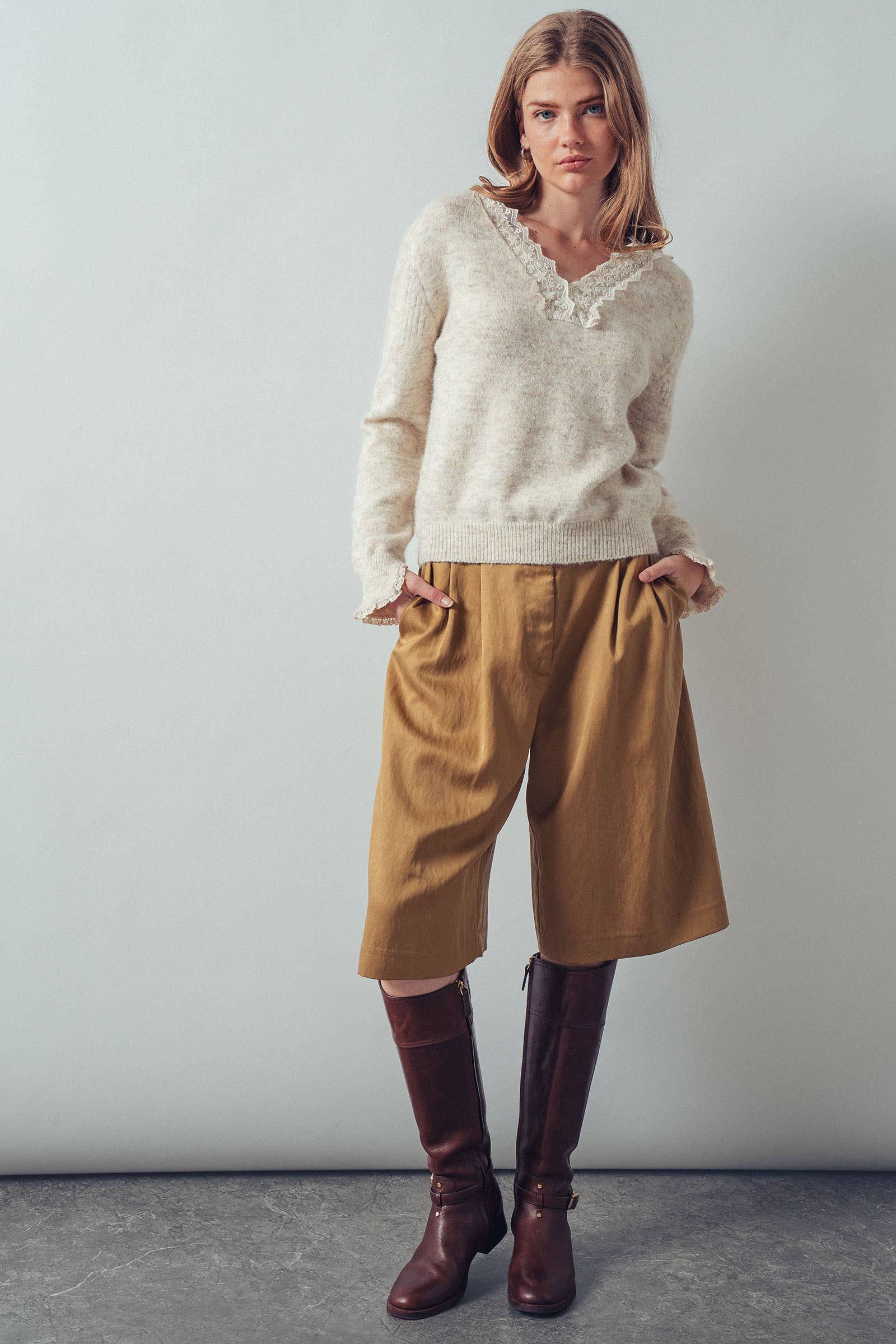 Lace Trim V-Neck Heathered Knit Sweater
