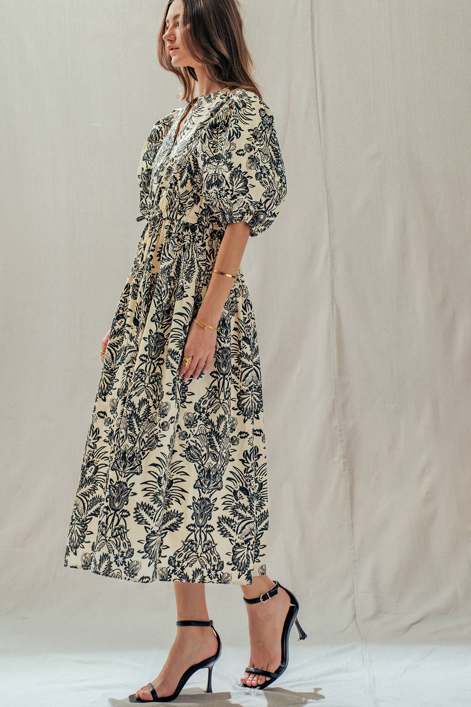 Urban Daizy Botanical Puff Sleeve Cotton Midi Dress Ivory-Black Dress - Women's (UDDR0335-Ivory-Black) – alternate view 4