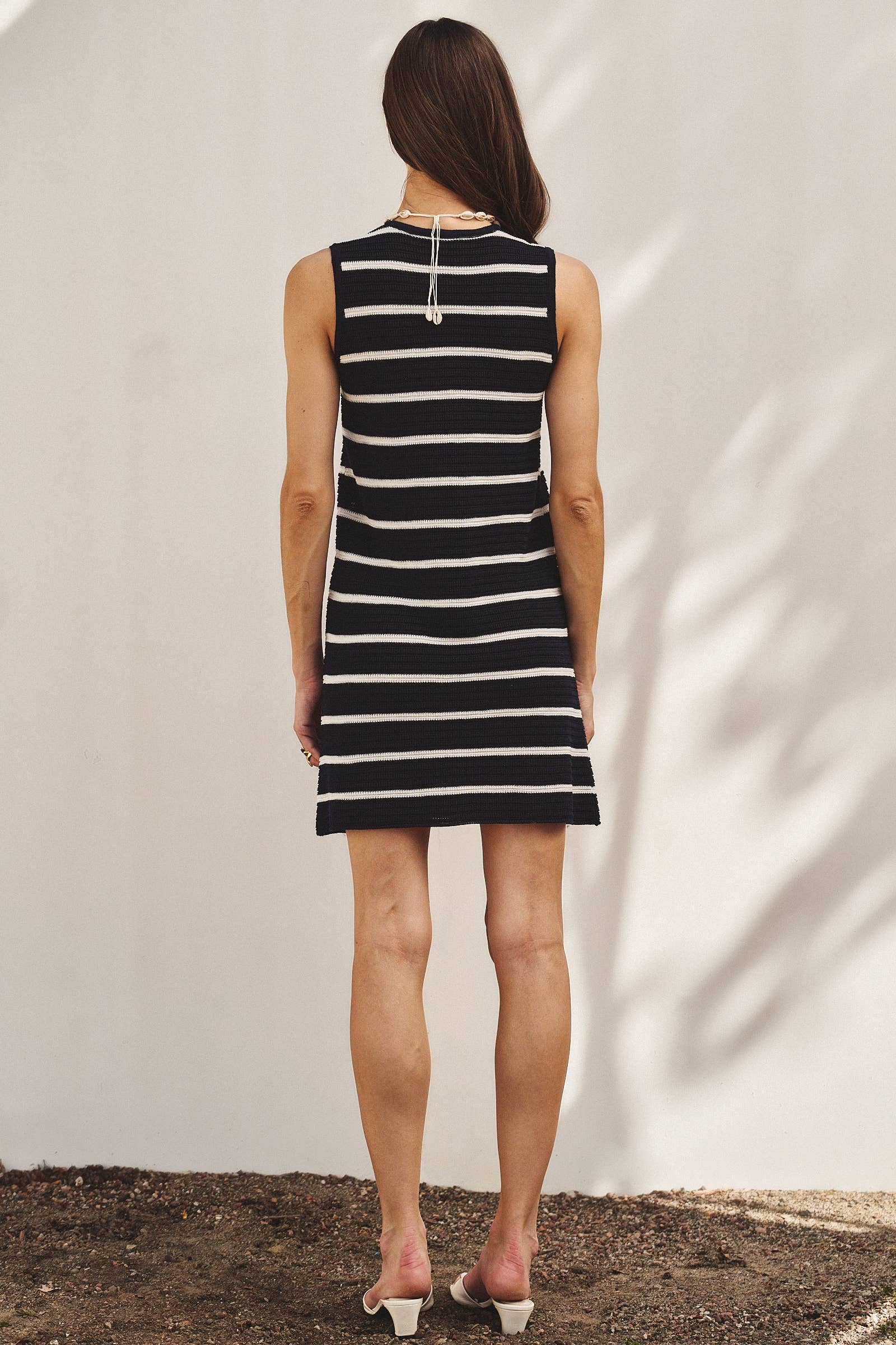 Striped Crochet Knit Mini Dress Tie Front