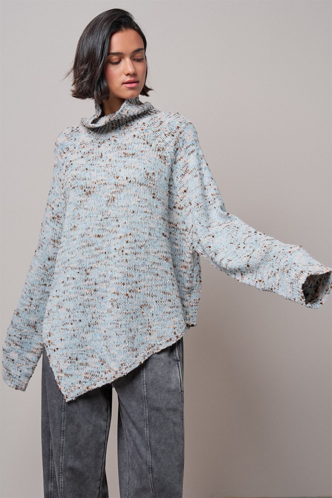 Chunky Knit Mock Neck Oversized Poncho Sweater in BLUE - Women's Sweaters | Urban Daizy