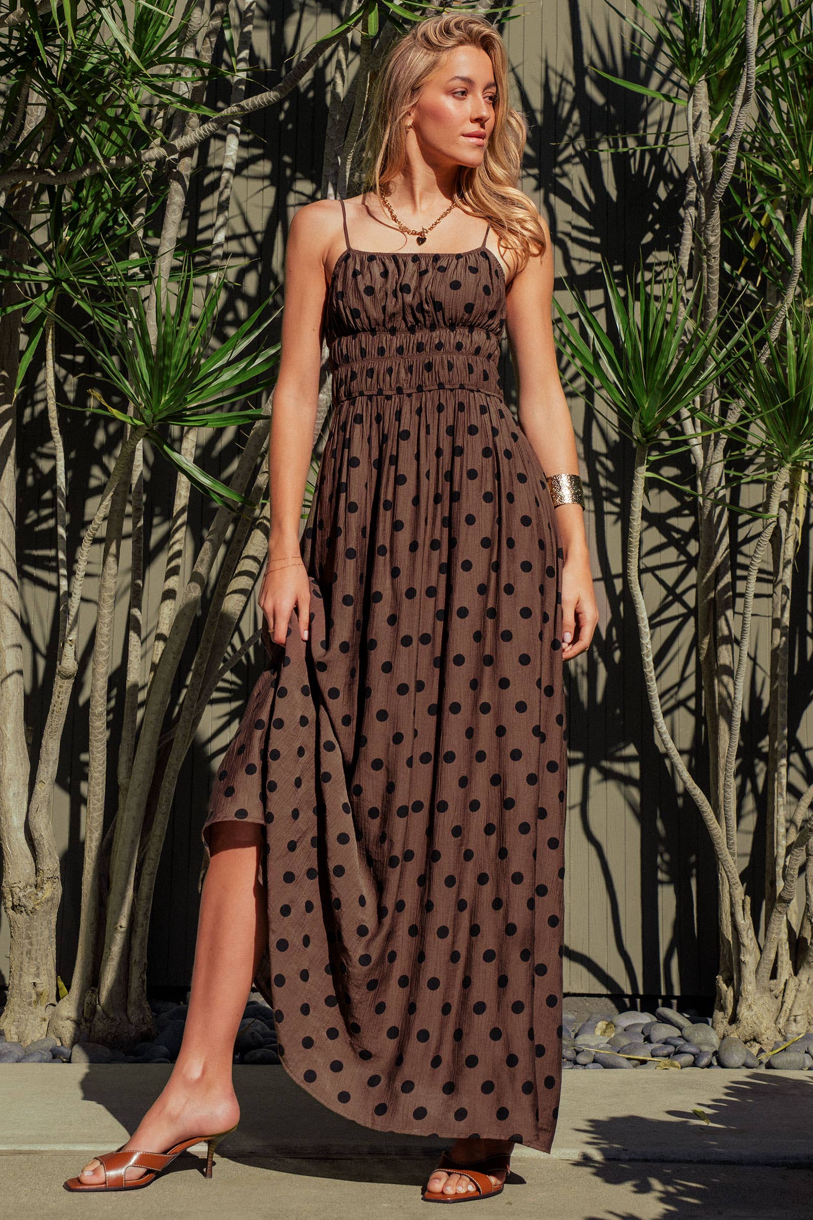 Urban Daizy Polka Dot Smocked Maxi Dress Linen Blend Brown/Black Dress - Women's (UDZ-DR-00515) – alternate view 4