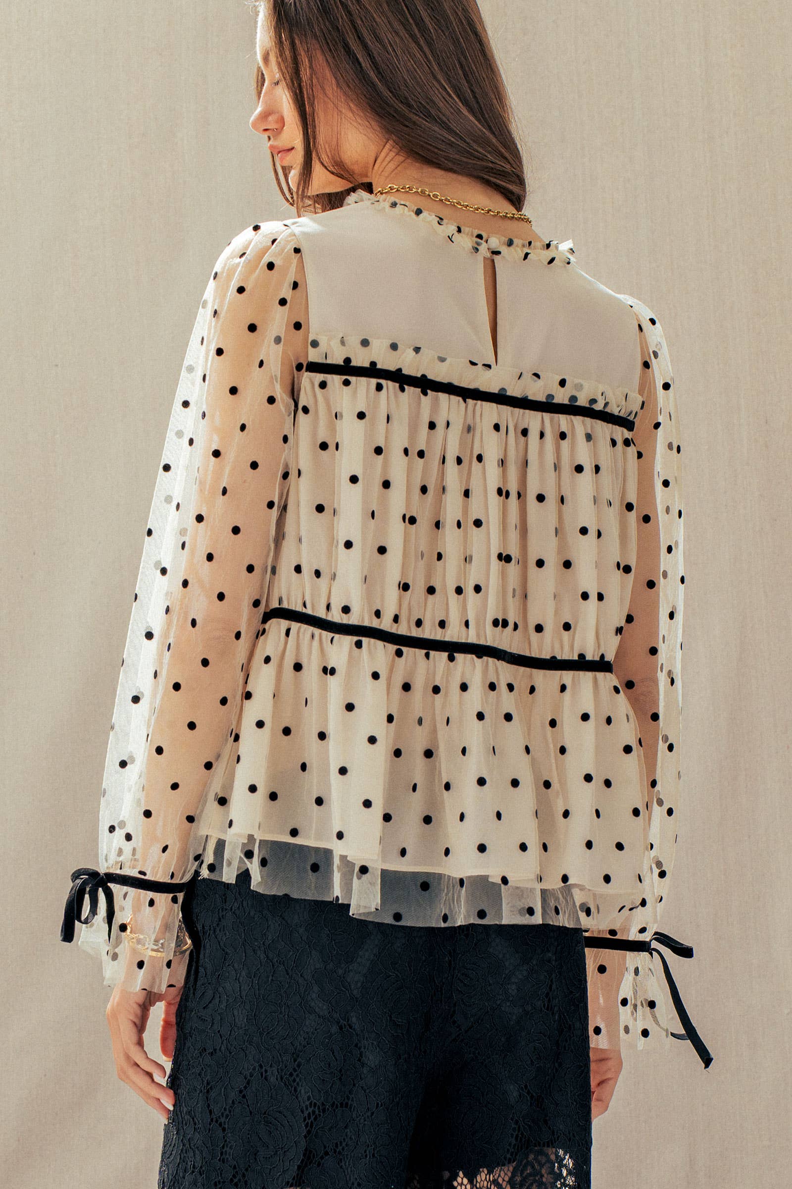 Urban Daizy Polka Dot Mesh Babydoll Top Velvet Bow Tie Ivory-Black Blouse - Women's (UDZ-TP-01052) – alternate view 5
