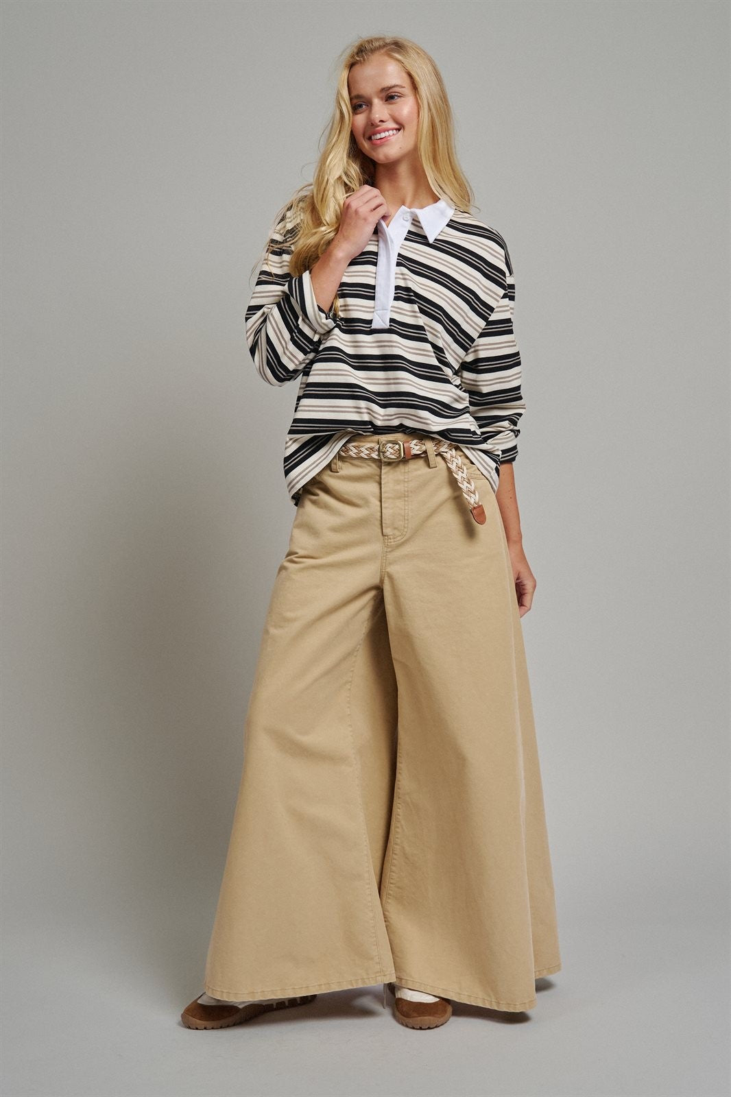 Washed Cotton Wide Leg Palazzo Pants with Woven Belt in KHAKI - Women's Casual Pants | Urban Daizy
