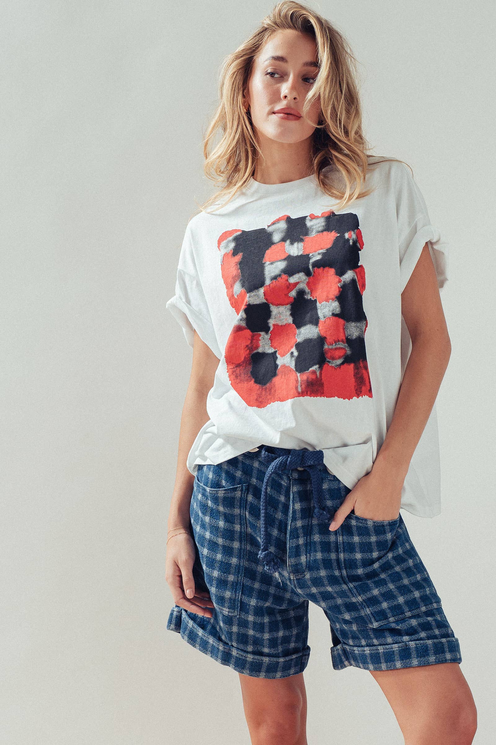 Urban Daizy Plaid Cotton Blend Shorts Rope Drawstring Blue Shorts - Women's (UDZ-PT-00480) – alternate view 8