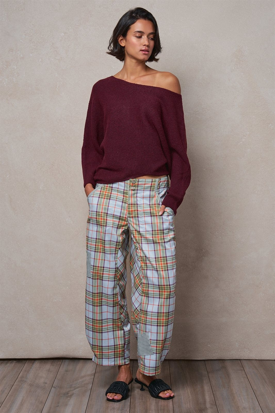 Plaid Barrel Pants Patchwork Western Boho Wide Trousers in GREY - Women's Casual Pants | Urban Daizy