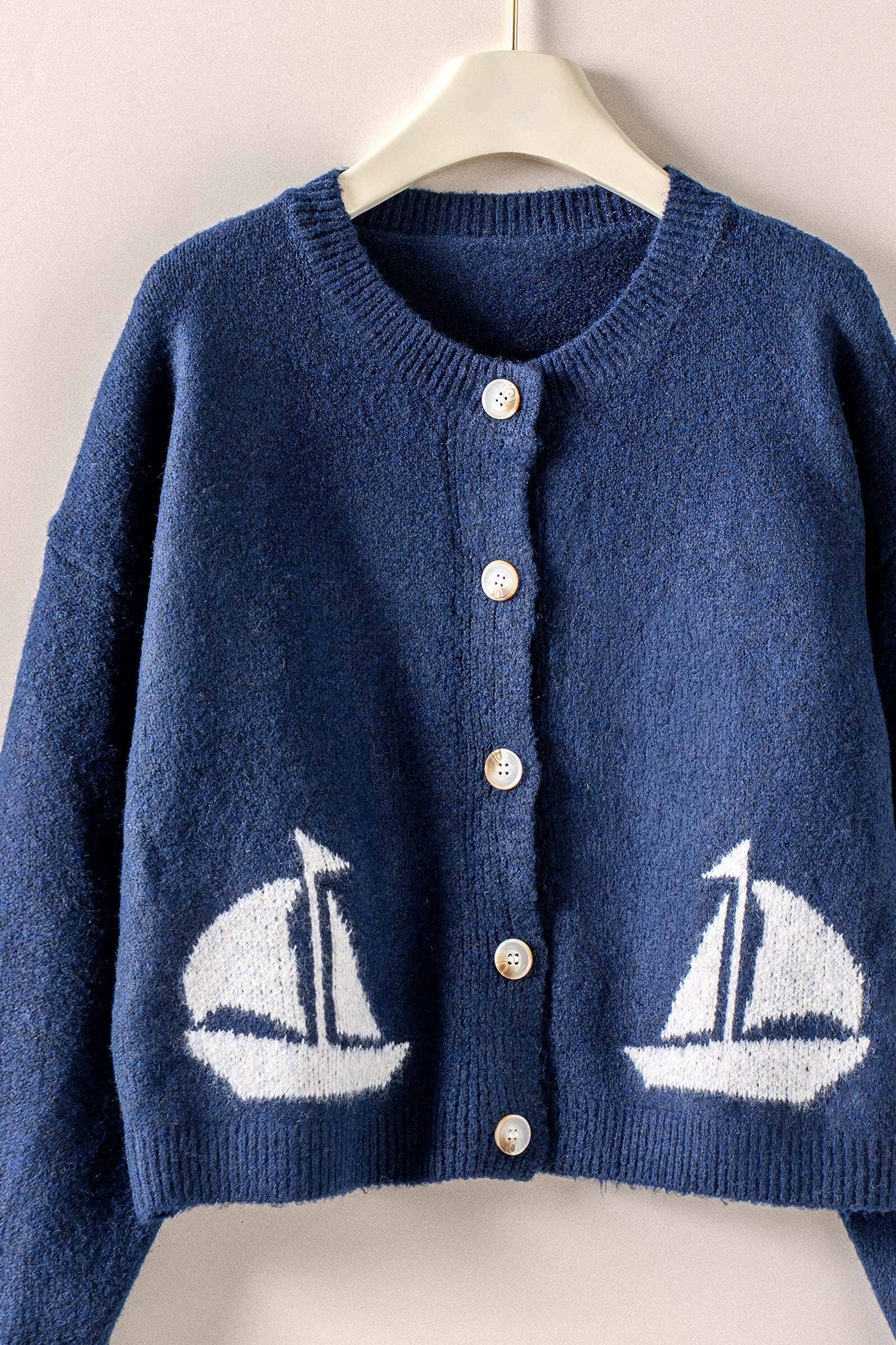 Nautical Sailboat Graphic Knit Button Cardigan