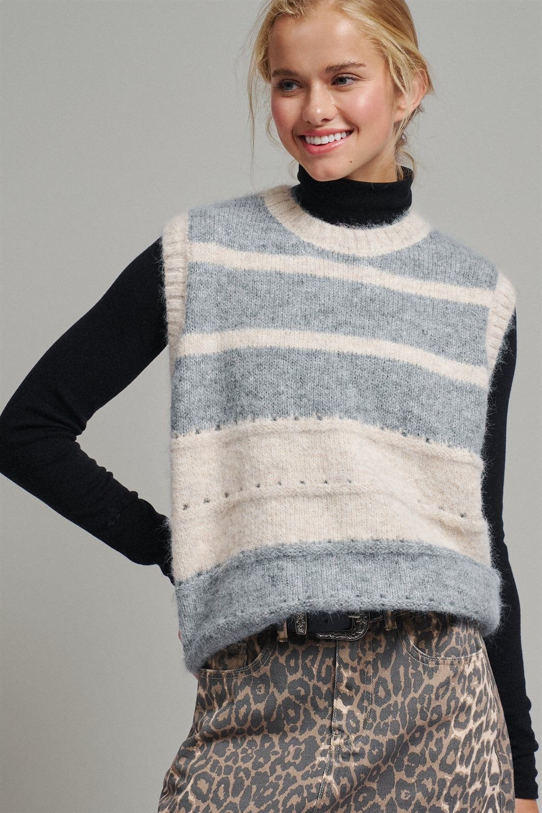 Striped Fuzzy Knit Sweater Vest in GREY - Women's Sweater Vests | Urban Daizy