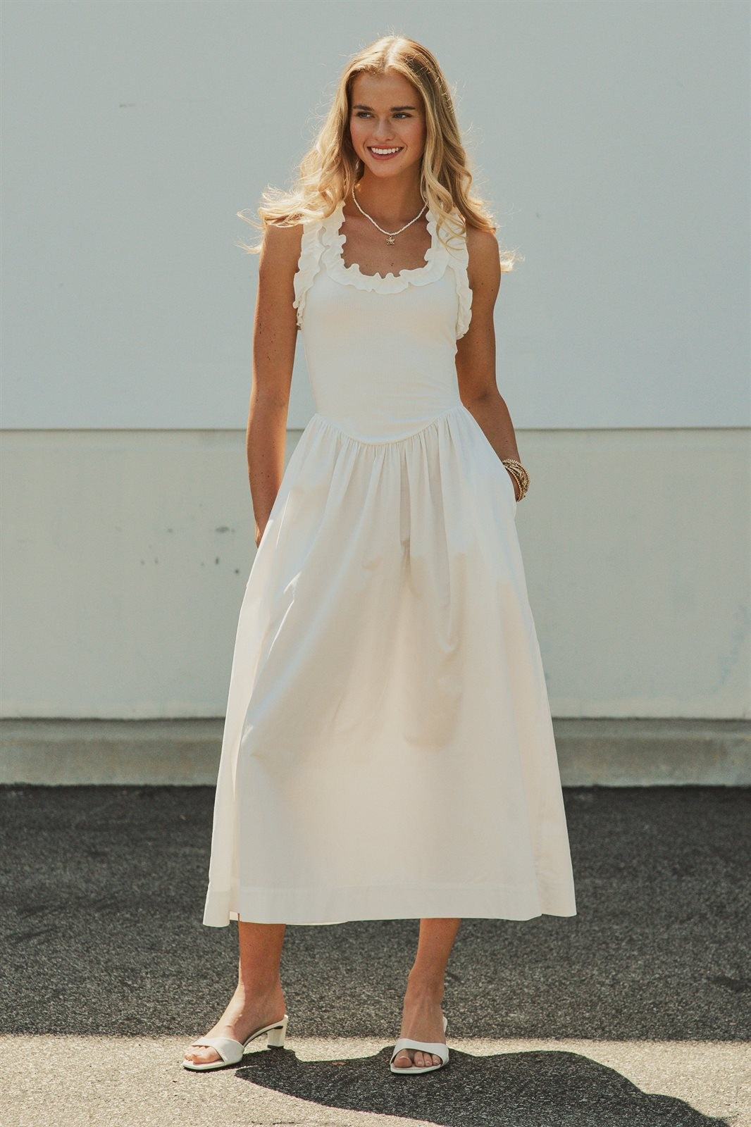 Soft Ruffle Bodice Midi Dress in WHITE - Women's Dresses | Urban Daizy