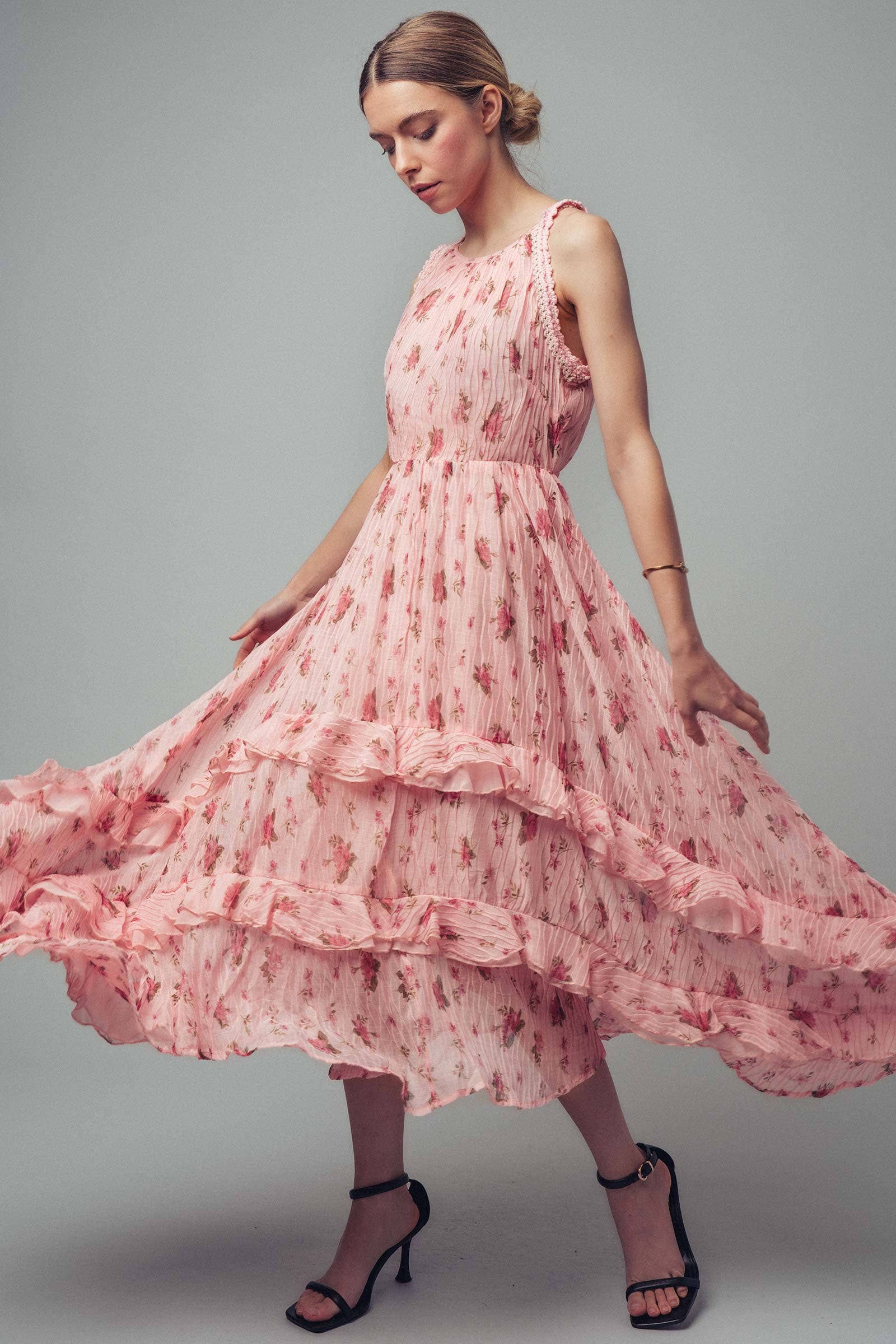 Floral Print Tiered Ruffle Crinkle Chiffon Dress