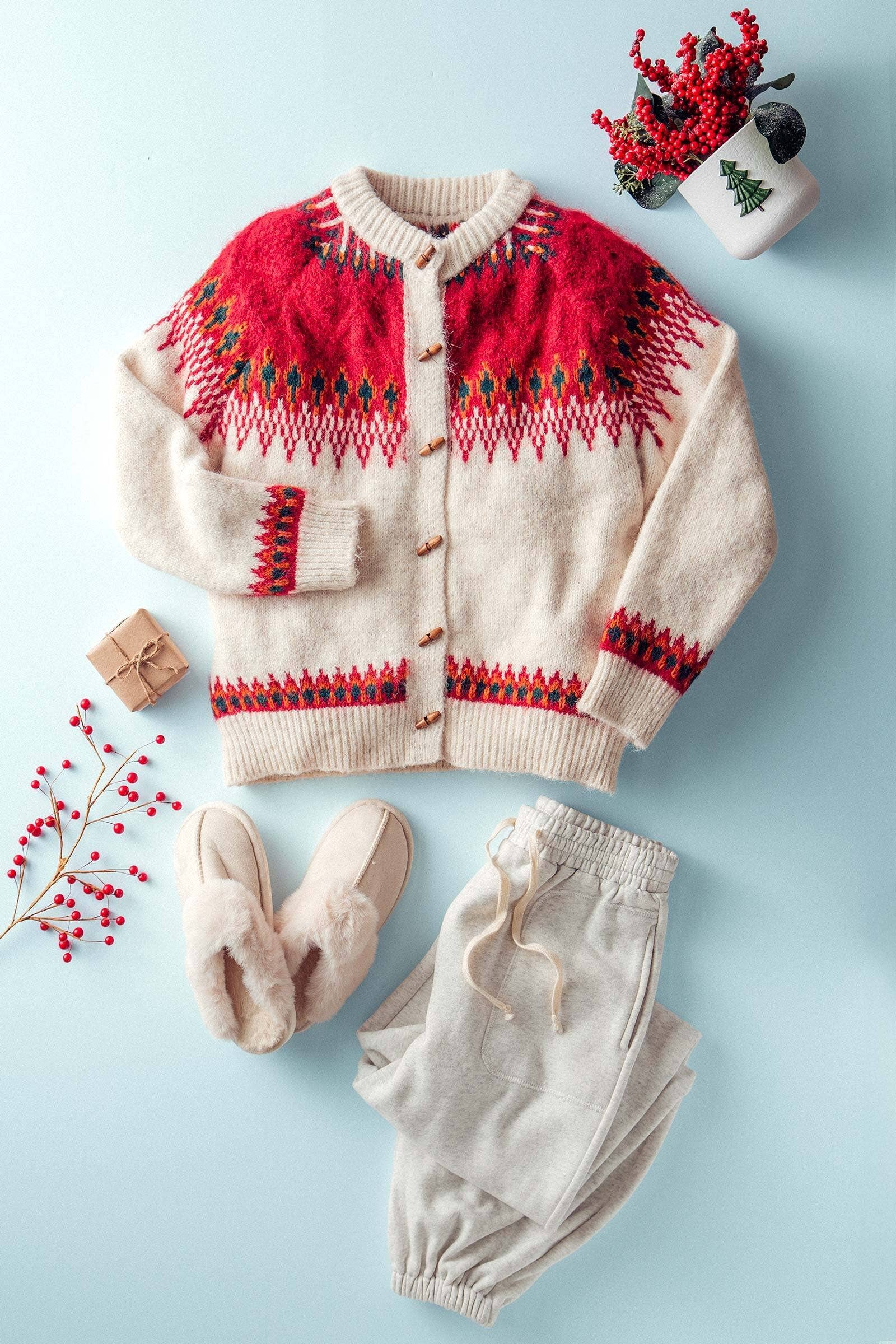 Urban Daizy Nordic Pattern Wool Blend Toggle Cardigan Red-Multi Cardigan - Women's (UDZ-KN-00652) – alternate view 2