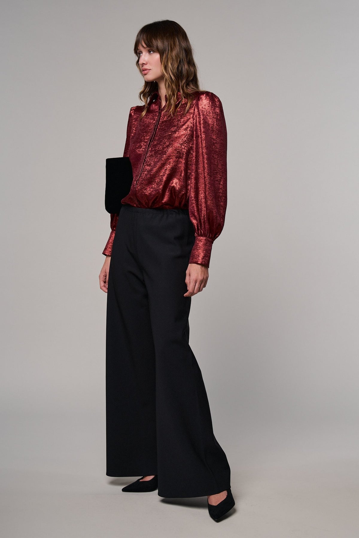 Metallic Shimmer Button Down Blouse with Puff Sleeves in BURGUNDY - Women's Shirts & Blouses | Urban Daizy
