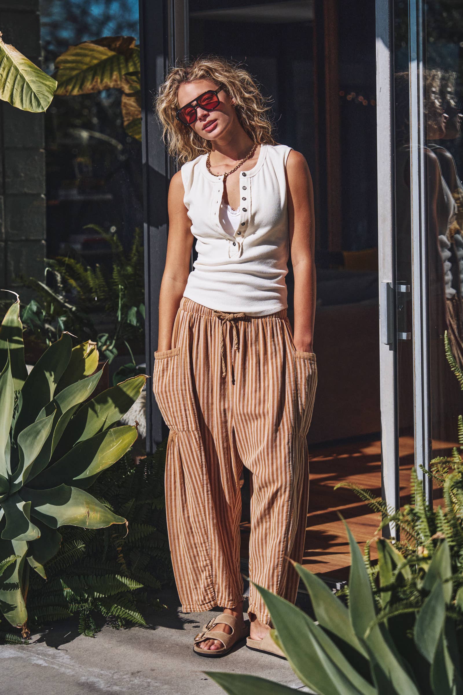 Striped Cotton Drawstring Harem Pants