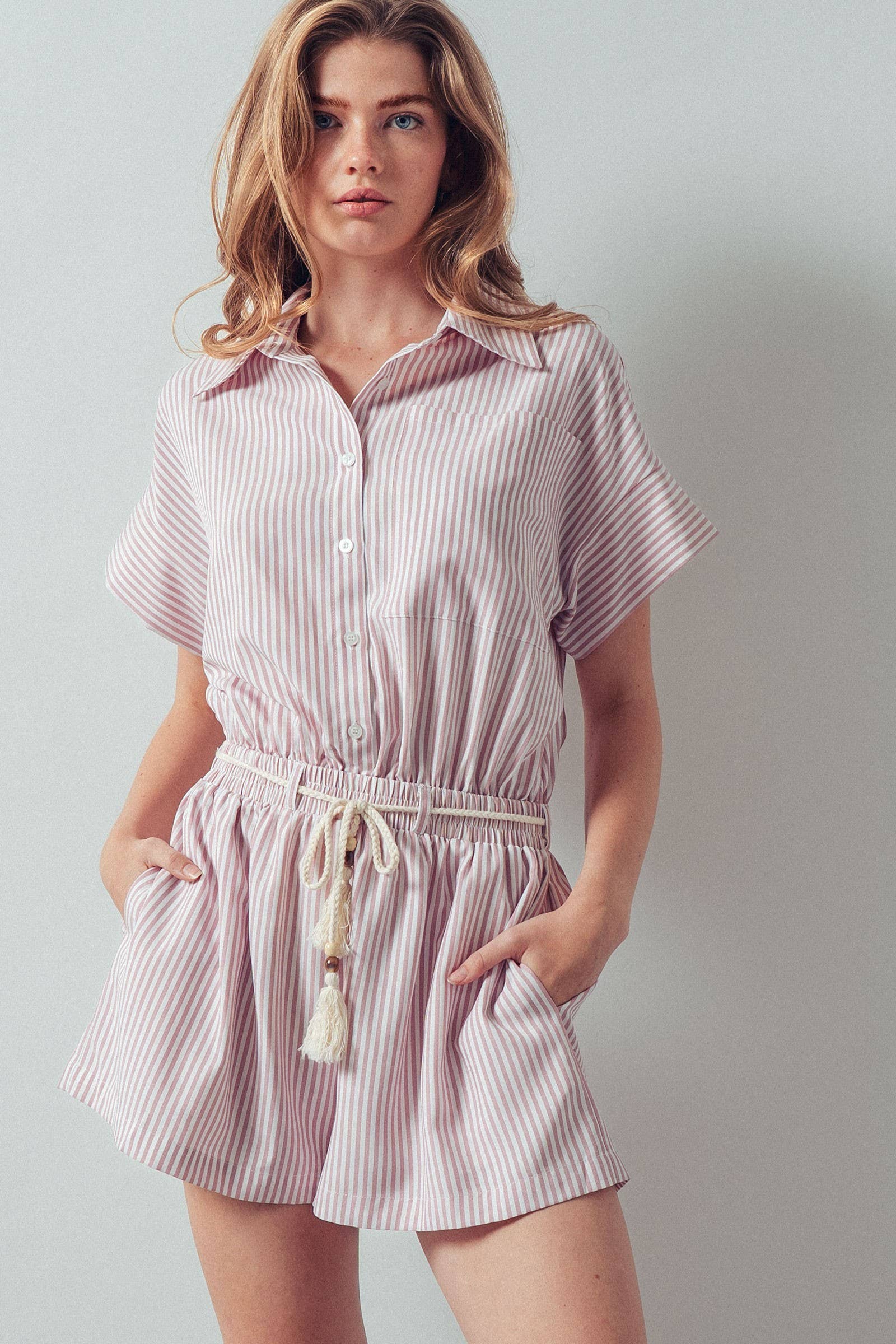 Urban Daizy Striped Tassel-Belt Collared Romper Pink Romper - Women's (UDZ-JR-00069) – alternate view 2