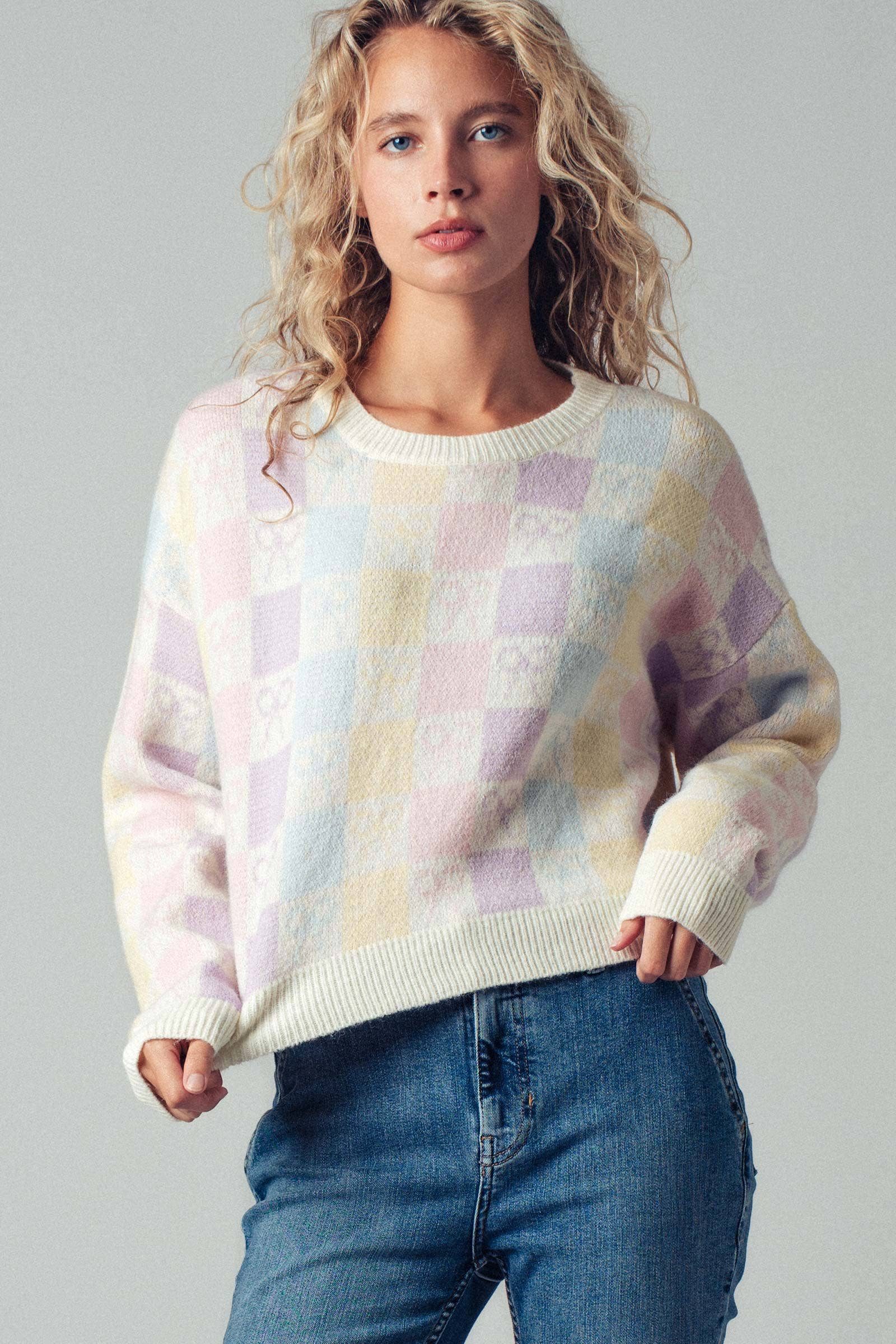 Urban Daizy Pastel Checkered Coquette Bow Knit Sweater Pastel Knit Sweater - Women's (UDZ-KN-00553) – alternate view 2